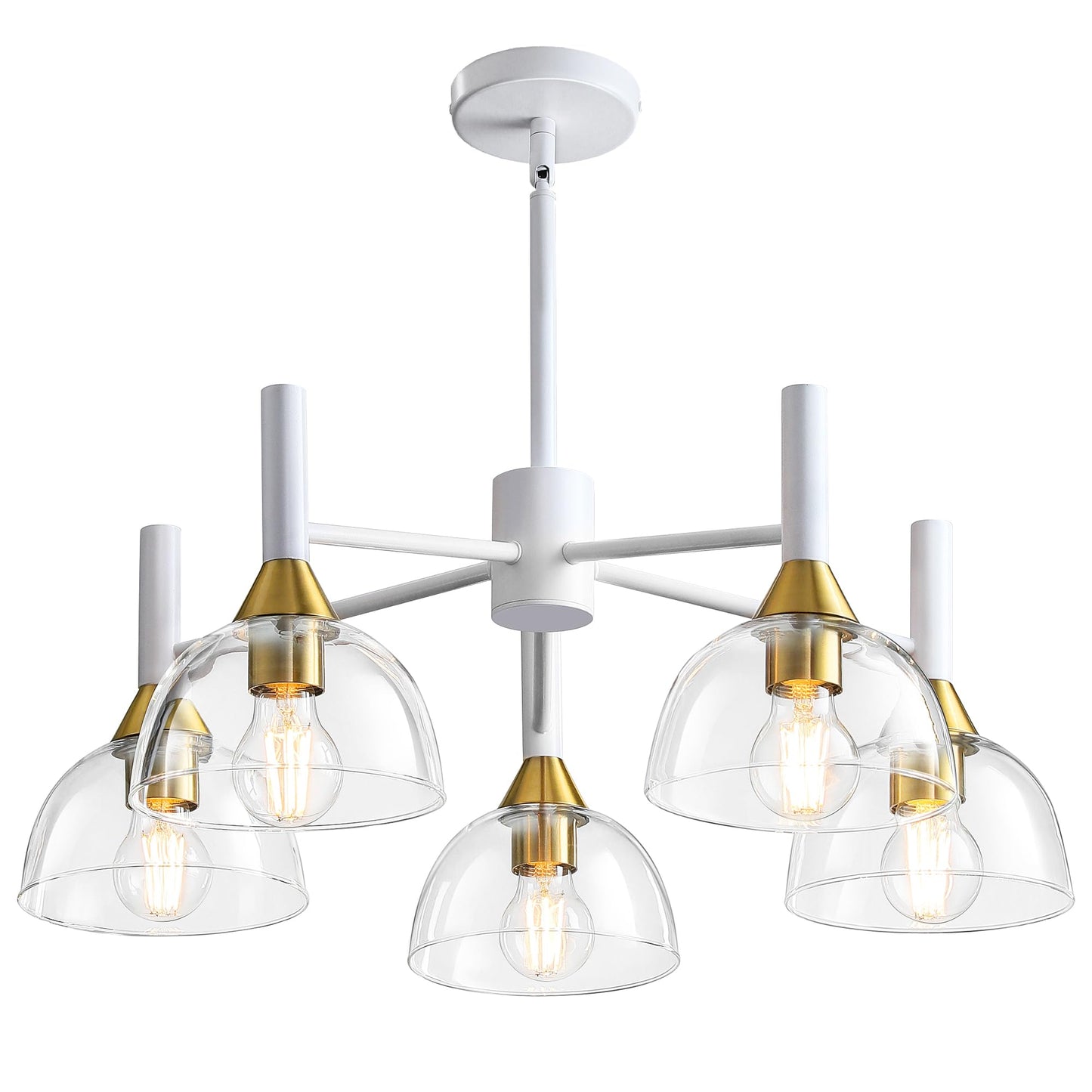 Dining Room Chandeliers Light - 5-Light White and Gold Modern Chandeliers Light Fixtures with Sturdy Clear Glass Lampshades, Height Adjustable Pendant Island Light for Living Room Farmhouse