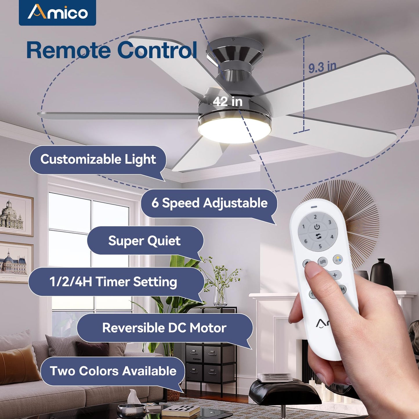 Amico Ceiling Fans with Lights, 42 Inch Low Profile Ceiling Fan with Light and Remote Control, Flush Mount, Reversible, 3CCT, Dimmable, Quiet, White Small Ceiling Fan for Bedroom Outdoor/Indoor Use