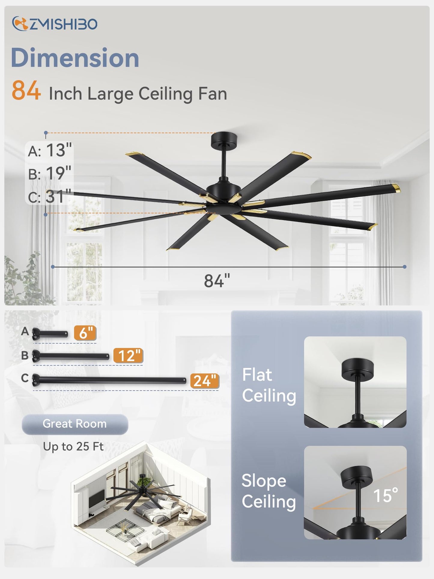 84 Inch Industrial DC Motor Ceiling Fan, Large Ceiling Fan with 8 Reversible Blades, 3 Downrods, 6-Speed Remote Control, Home or Commercial Ceiling Fans for Porch/Garage/Shop, Black