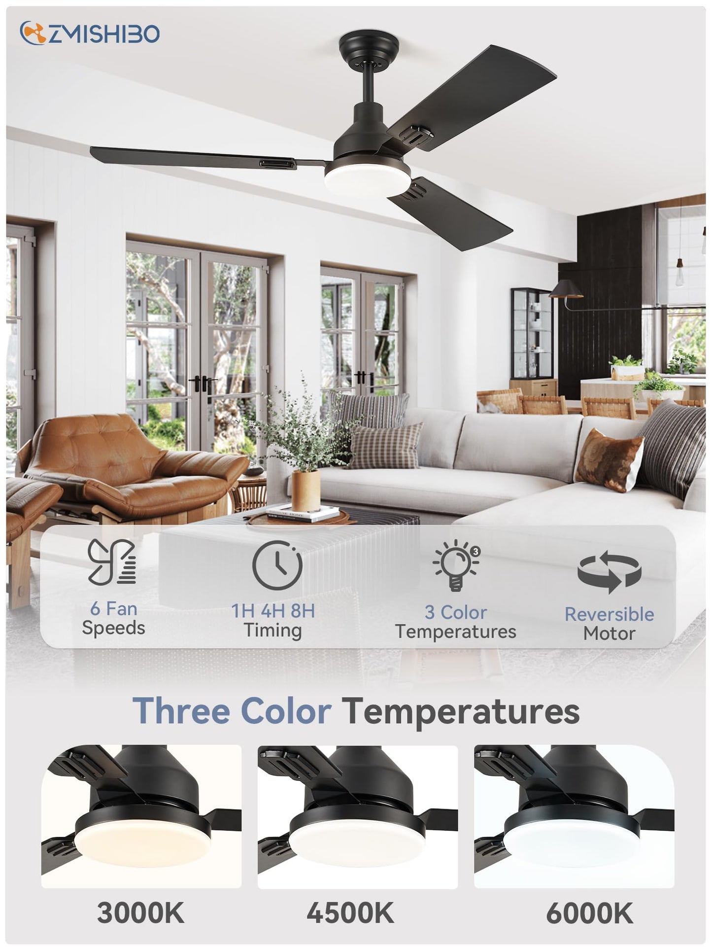 52 Inch Ceiling Fan with Light, 3 Blade LED Ceiling Fans with Remote, Quiet Reversible DC Motor, Dual Finish Blades, Farmhouse Ceiling Fans for Indoor&Outdoor, Bedroom, Kitchen