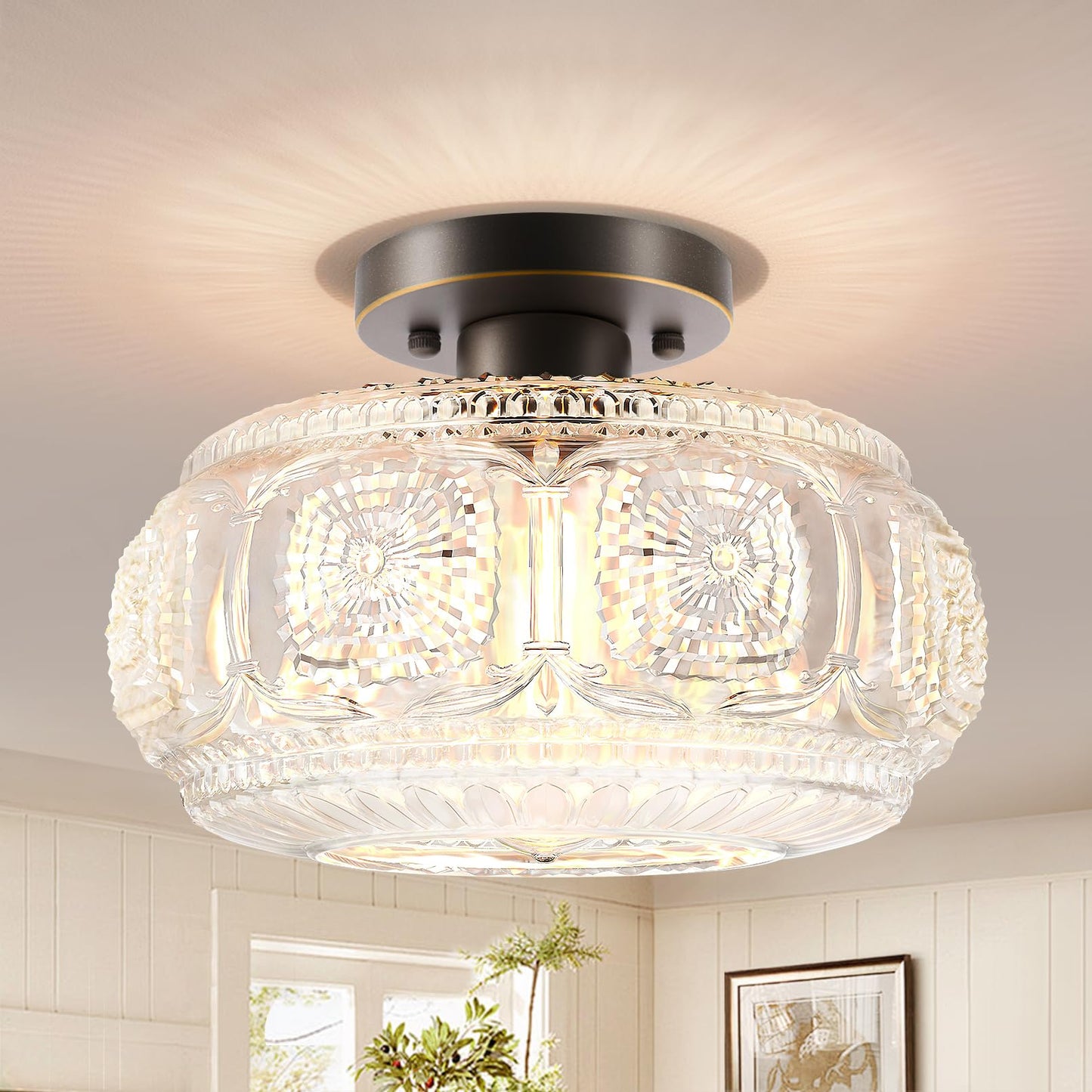 Semi Flush Mount Ceiling Light, Globe Glass Ceiling Light Fixture, Black Modern Lighting (Bulb Not Included)