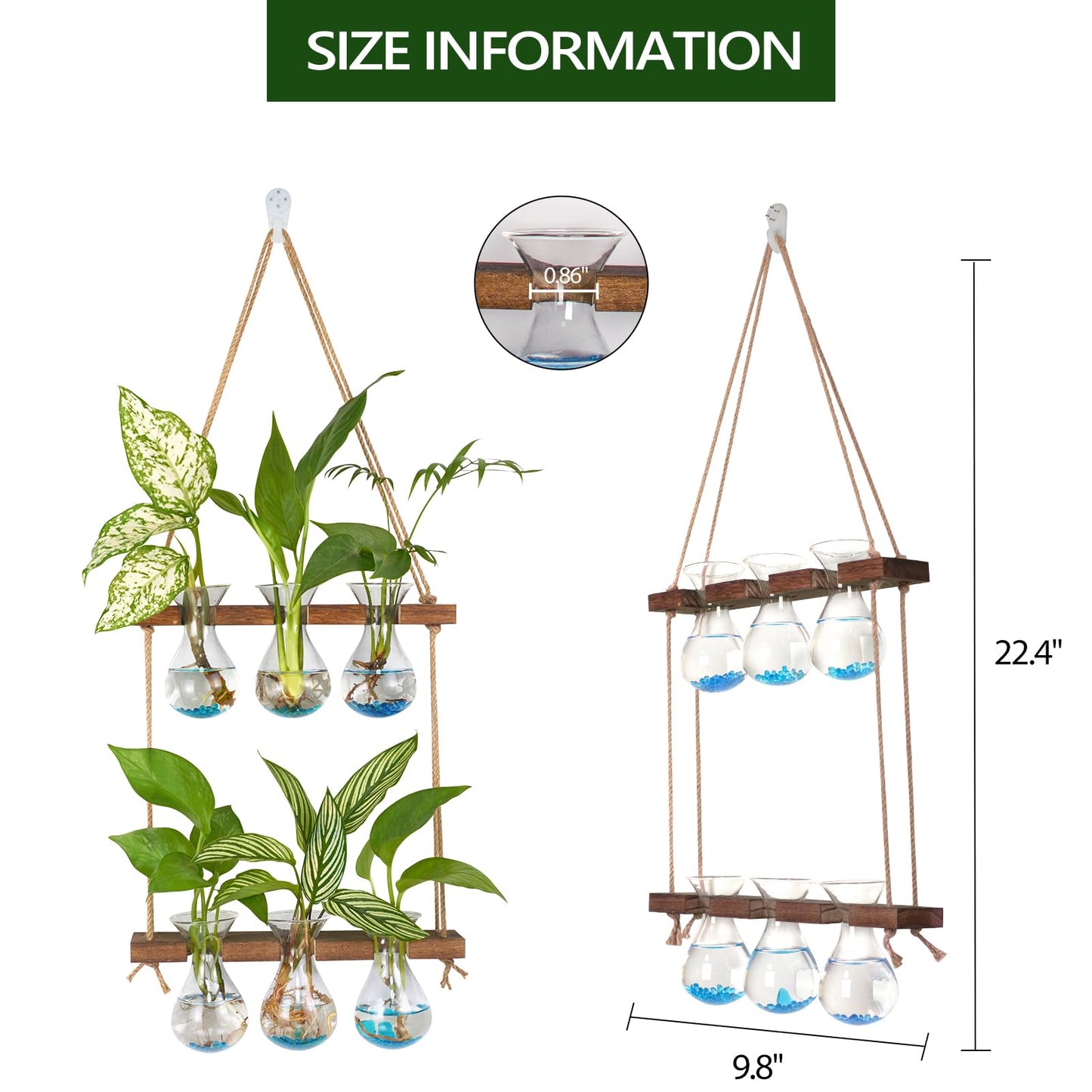 XXXFLOWER Wall Hanging Propagation Station with Wooden Stand 3 Bulb Vase 2 Tiered Planters+Flower Vases Accessories-2 Bulb Vase