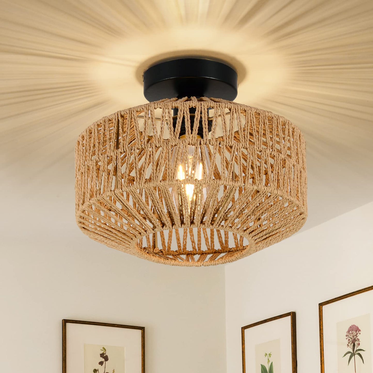 Light Fixtures Ceiling Mount,Mini Rattan Chandelier Light Fixture with Dimmable LED Bulb