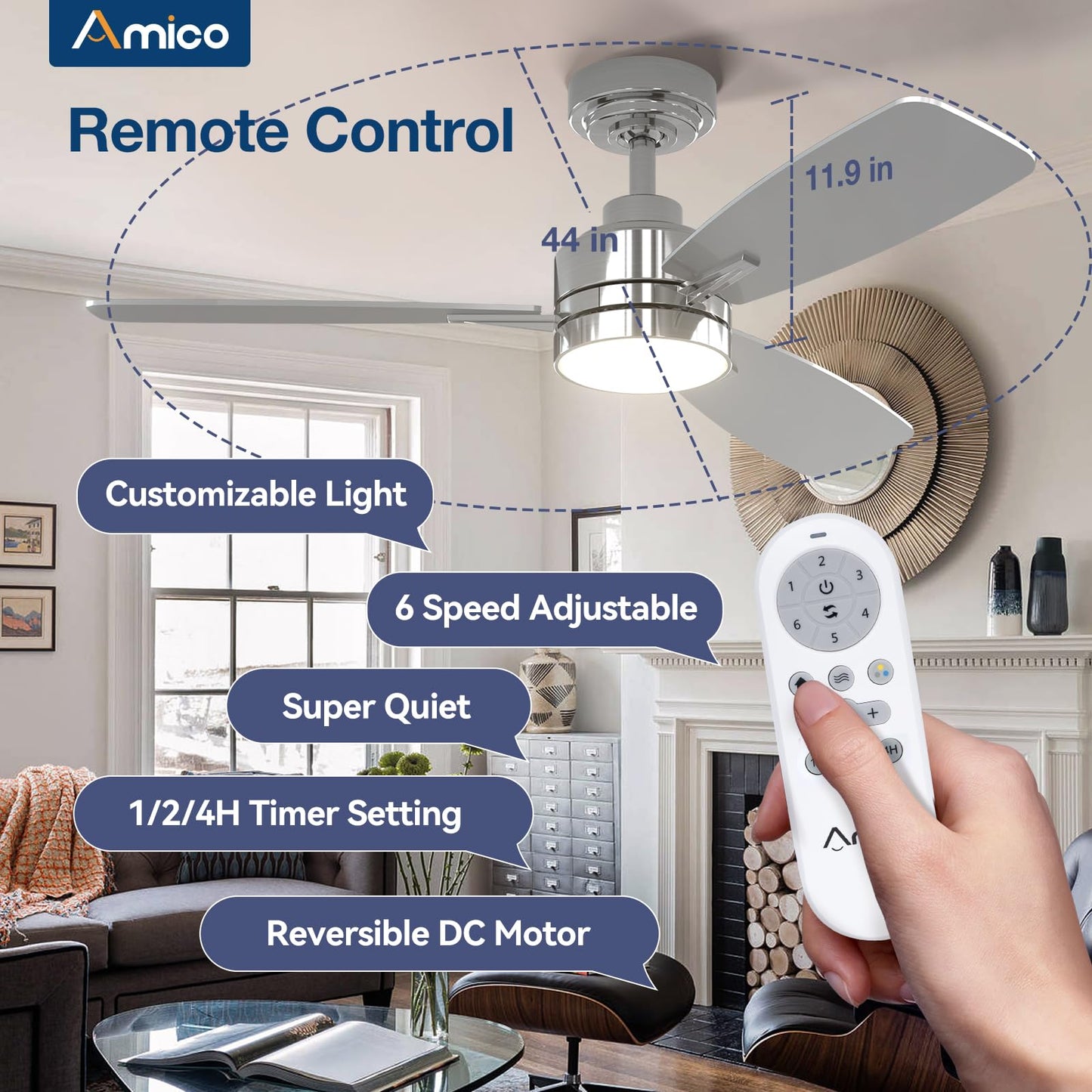 Amico Ceiling Fans with Lights, 44 inch Ceiling Fan with Light and Remote Control, Reversible, 3CCT, Dimmable, Noiseless, Small Black Ceiling Fan for Bedroom, Indoor/Outdoor Use