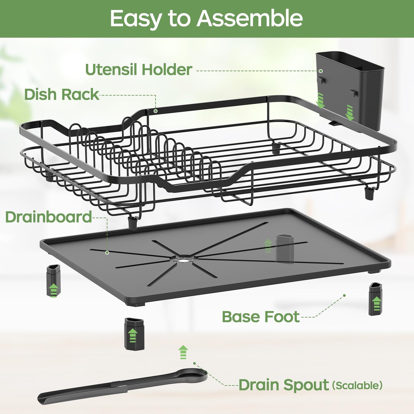 ROTTOGOON Dish Drying Rack, Stainless Steel Rustproof Dish Rack for Kitchen Counter, Sturdy Dish Drainer with Drainboard, Drainage, Utensil Holder for Various Kitchenware, 16.2"(L) x 12.6"(W), Black