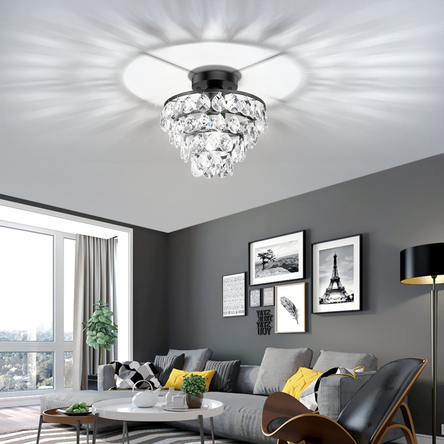 Modern Crystal Ceiling Light - Black Semi Flush Mount Small Chandelier with E26 Base Farmhouse Lighting Fixture for Bedroom Bathroom Closet Living Room Hallway Entryway Kitchen