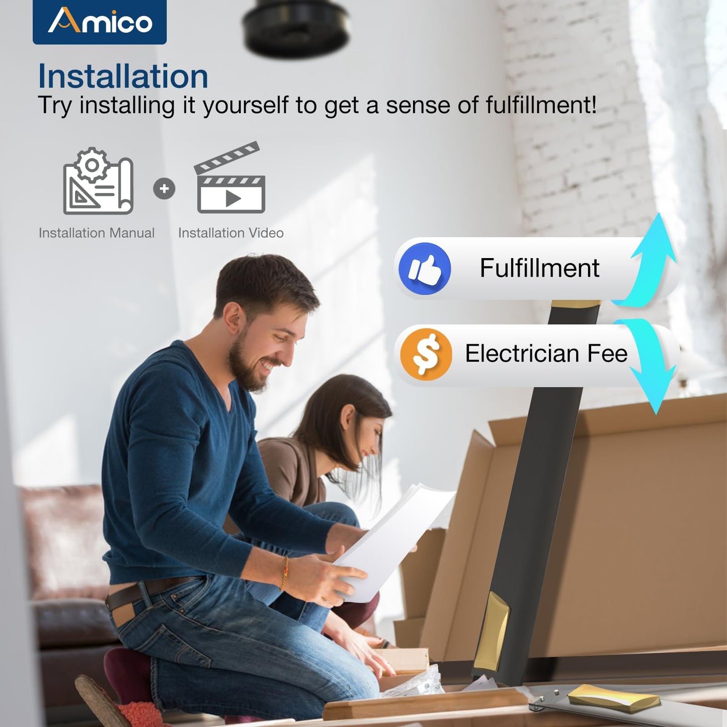 Amico 100 Inch Ceiling Fan with Light, Industrial Large Ceiling Fan with 8 Aluminum Reversible Blades, 6-Speed Remote Control, Quiet DC Motor, Indoor/Outdoor Ceiling Fan for Porch/Garage/Shop, Nickel