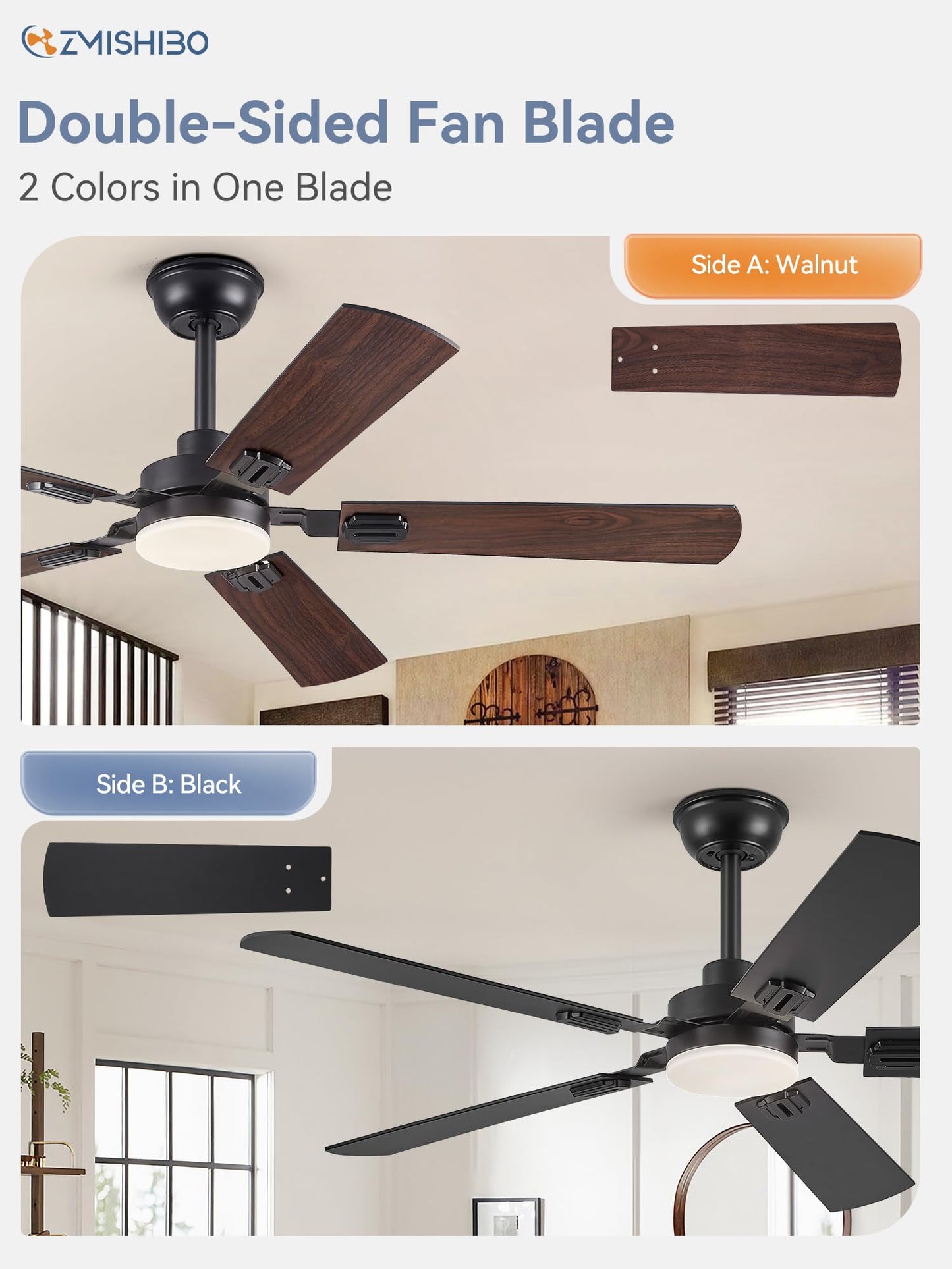 52" Ceiling Fans with Lights, Black Modern Ceiling Fan with Remote, Farmhouse Indoor Ceiling Fan with Dual Finish Blades, Quiet & Strong Motor, Bright LED Light.