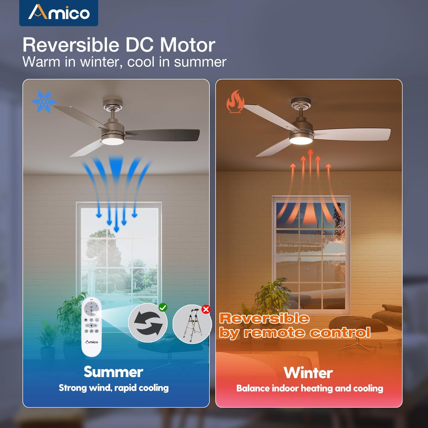 Amico Ceiling Fans with Lights, 44 inch Ceiling Fan with Light and Remote Control, Reversible, 3CCT, Dimmable, Noiseless, Small Black Ceiling Fan for Bedroom, Indoor/Outdoor Use