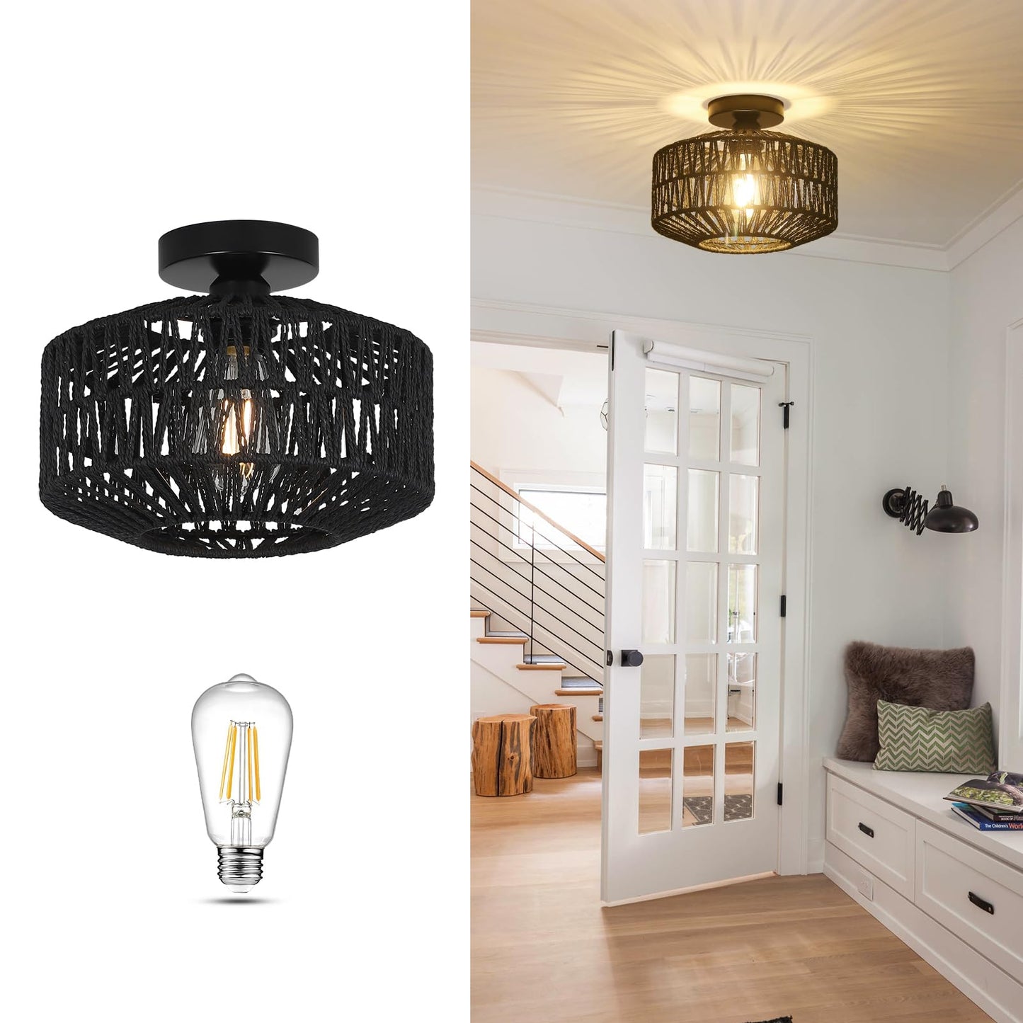 Light Fixtures Ceiling Mount,Mini Rattan Chandelier Light Fixture with Dimmable LED Bulb