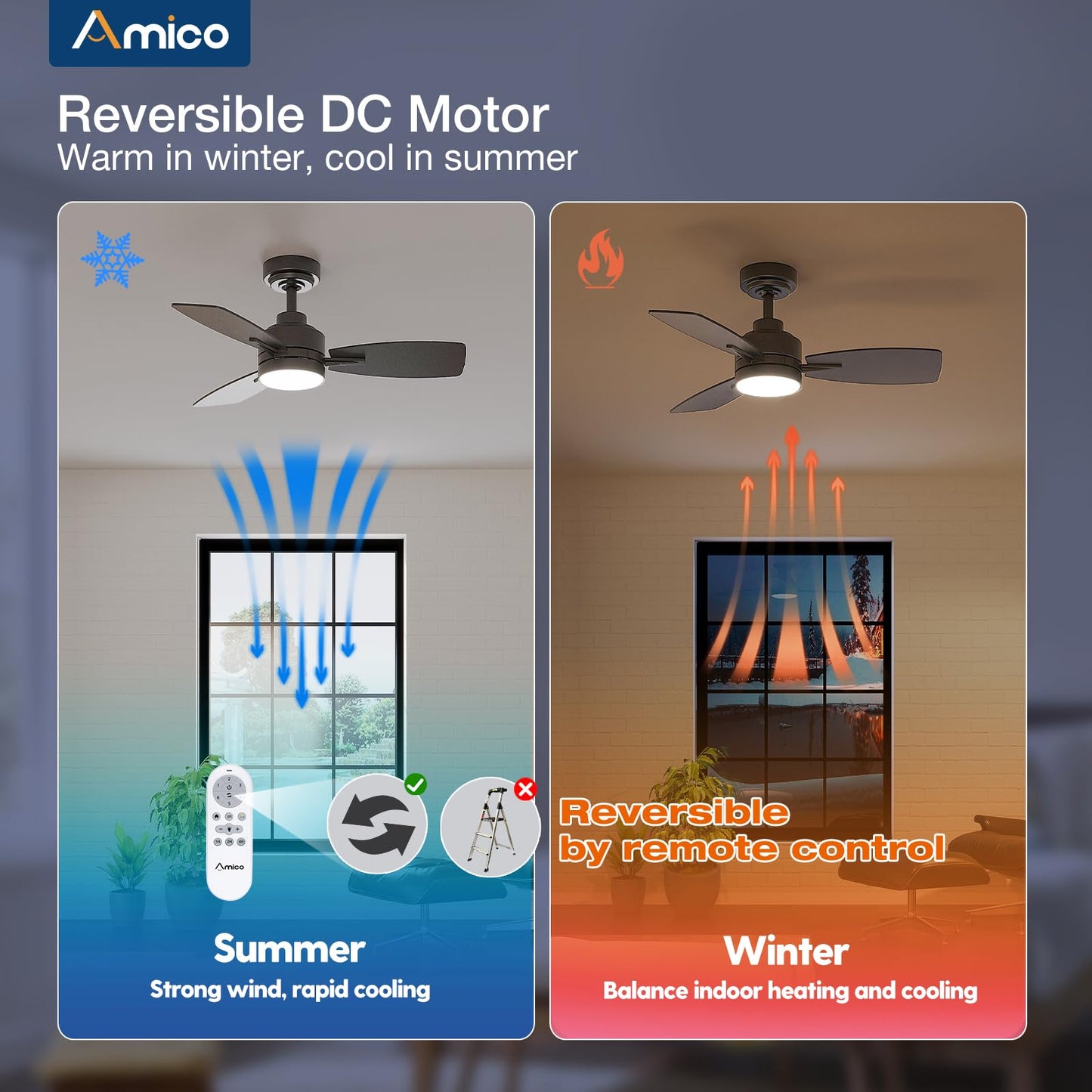 Amico Ceiling Fans with Lights, 44 inch Ceiling Fan with Light and Remote Control, Reversible, 3CCT, Dimmable, Noiseless, Small Black Ceiling Fan for Bedroom, Indoor/Outdoor Use