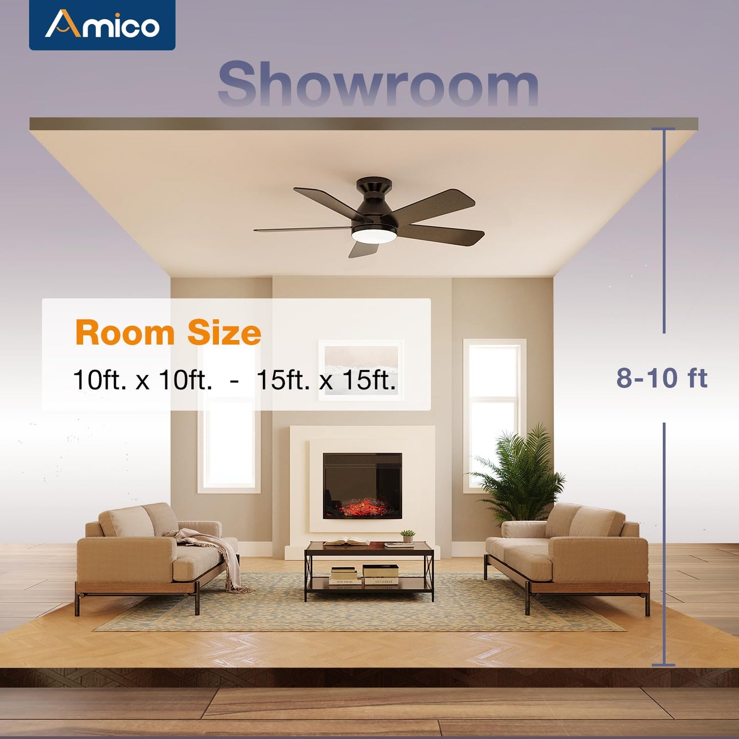 Amico Ceiling Fans with Lights, 42 Inch Low Profile Ceiling Fan with Light and Remote Control, Flush Mount, Reversible, 3CCT, Dimmable, Quiet, White Small Ceiling Fan for Bedroom Outdoor/Indoor Use