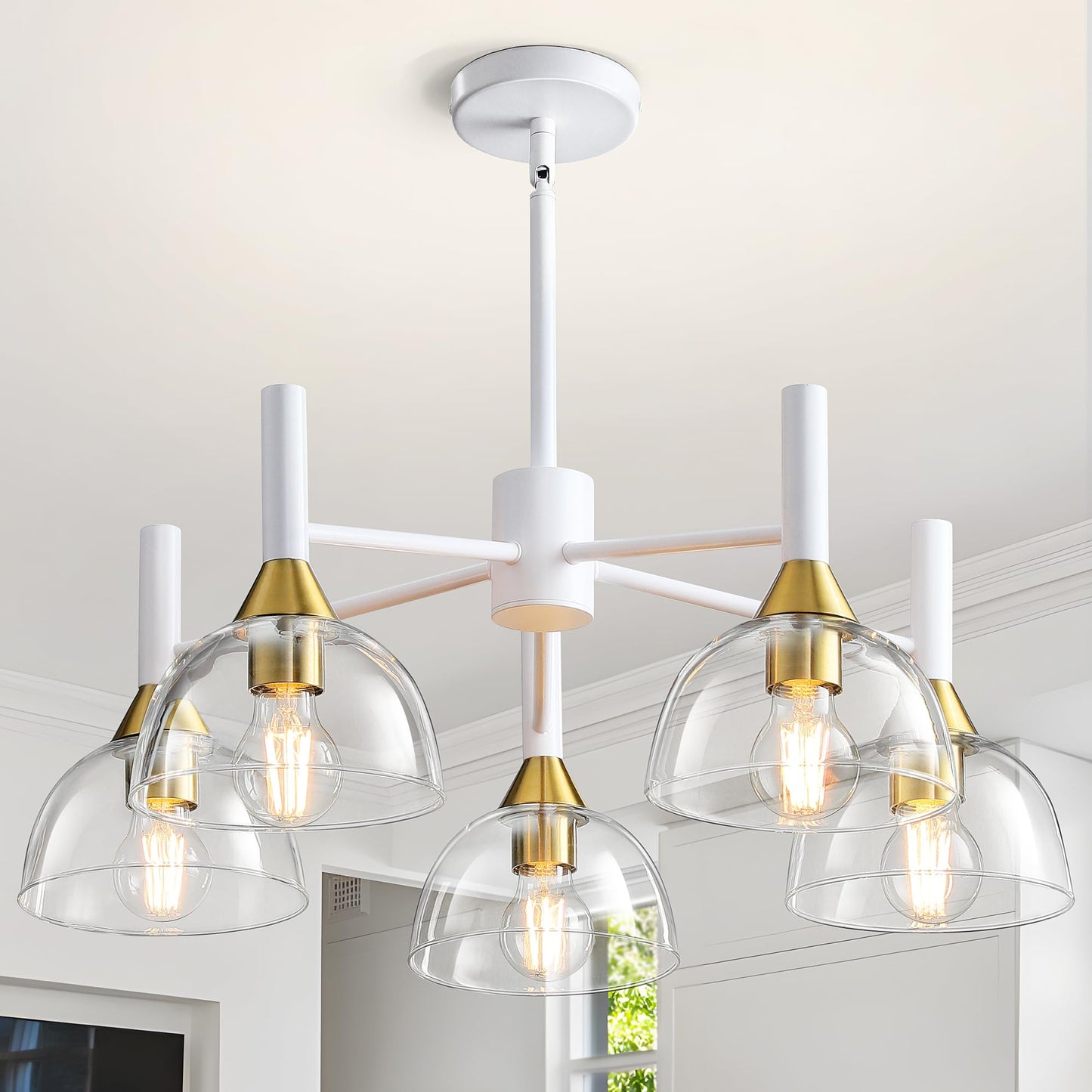 Dining Room Chandeliers Light - 5-Light White and Gold Modern Chandeliers Light Fixtures with Sturdy Clear Glass Lampshades, Height Adjustable Pendant Island Light for Living Room Farmhouse