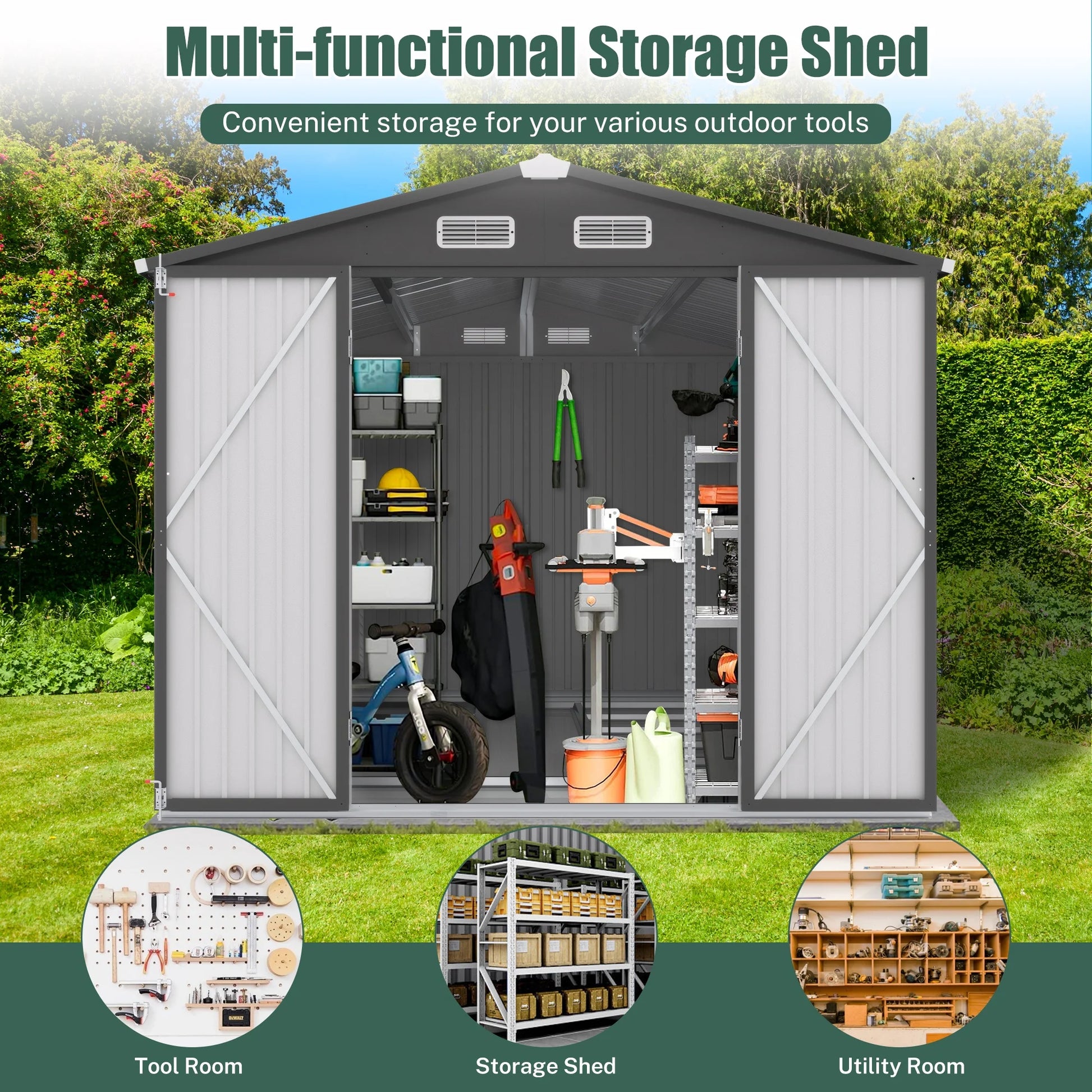 10' X 8' Outdoor Metal Storage Shed, Tools Storage Shed, Galvanized Steel Garden Shed with Lockable Doors, Outdoor Storage Shed for Backyard, Patio, Lawn, D7811