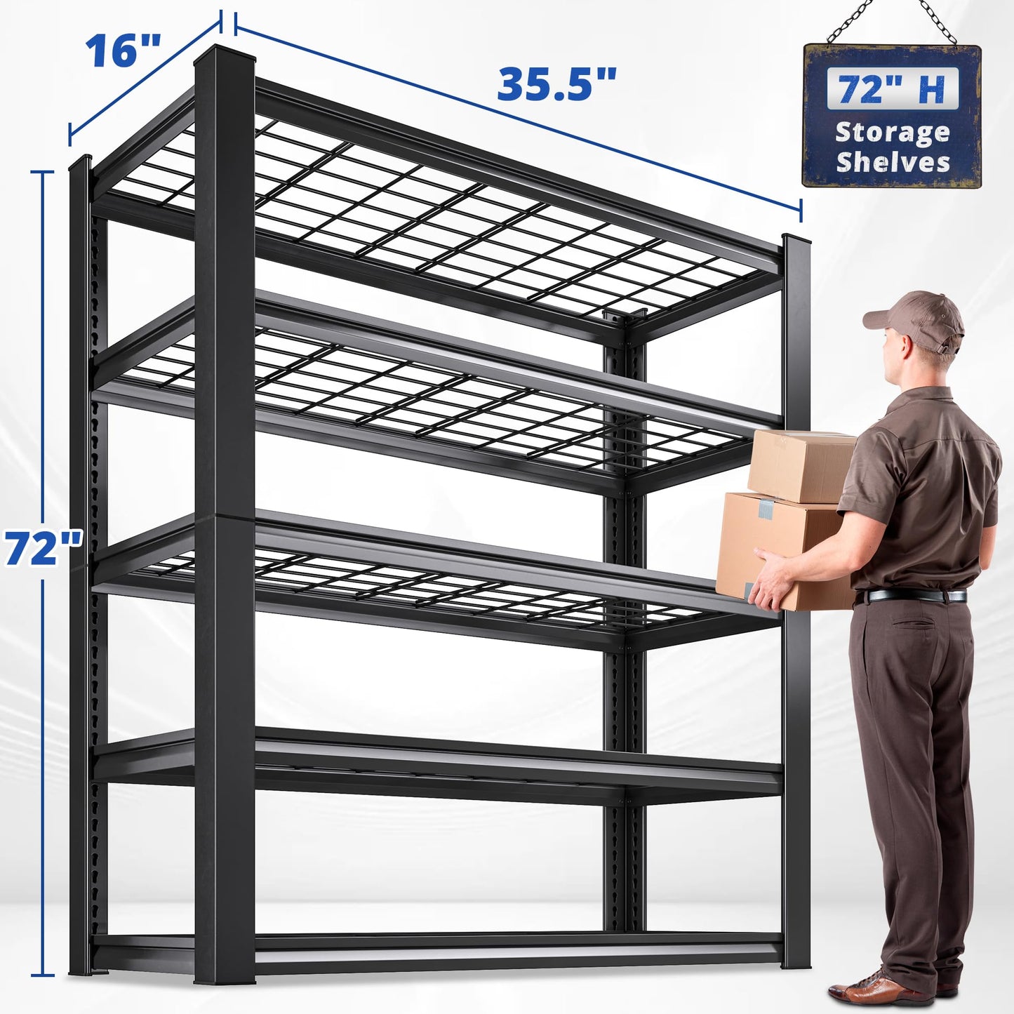 REIBII 3010LBS Storage Shelves,72"H Garage Shelving Heavy Duty Shelving Units and Storage, 5 Tier Wire Shelving Adjustable Metal Shelving for Garage Shelves, Utility Shelf Rack, 72"H*35.5" W*16" Black