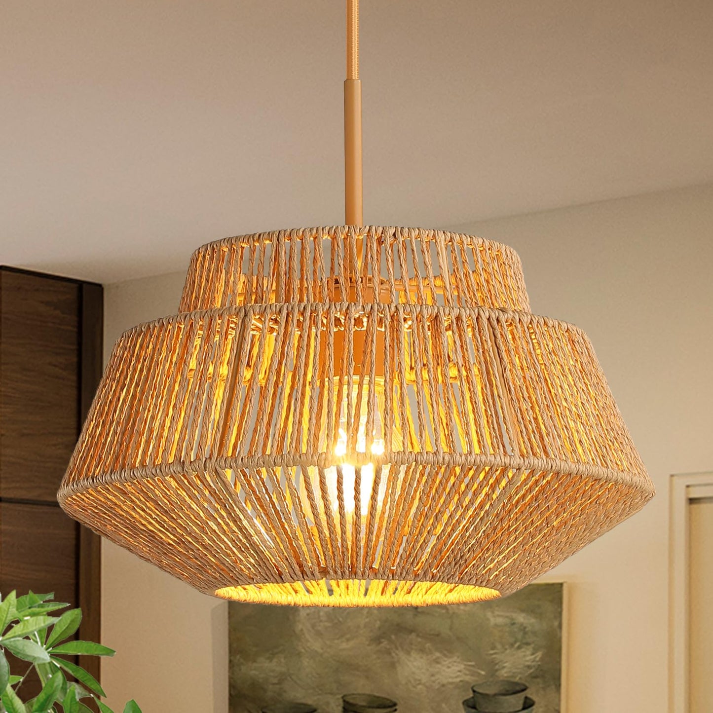 Rattan Chandelier Light Fixtures: 1-Light Boho Pendant Lights with Wicker Lampshade, E26 59inch Height Adjustable Hand Woven Hanging Chandeliers for Dining Room Kitchen Farmhouse Living Room