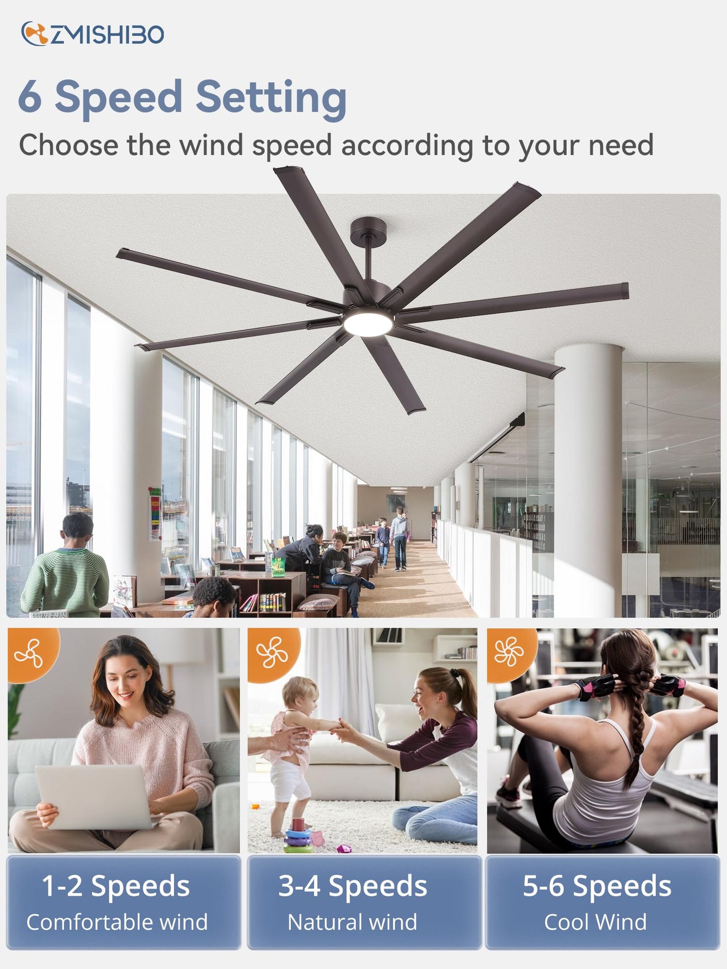 84" Industrial Ceiling Fans with Lights, Large Ceiling Fan with 3CCT, 8 Reverisble Aluminum Blades, Quiet DC Motor, 6-Speed Remote, Indoor/Outdoor Ceiling Fans for Patios/Garage/Porch, Black