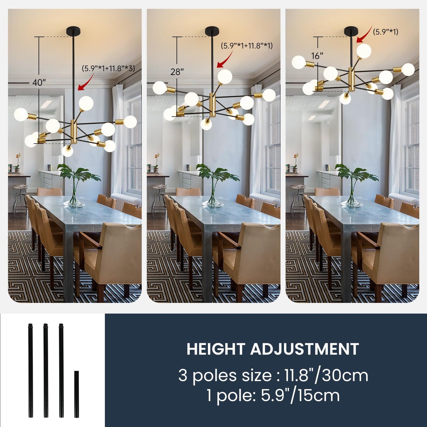 Modern Chandelier Ceiling Light Fixture Sputnik Chandeliers Gold and Black Farmhouse Chandelier Over Table 12-Light Height Adjustable Chandeliers for Dining Room, Living Room,Kitchen Island