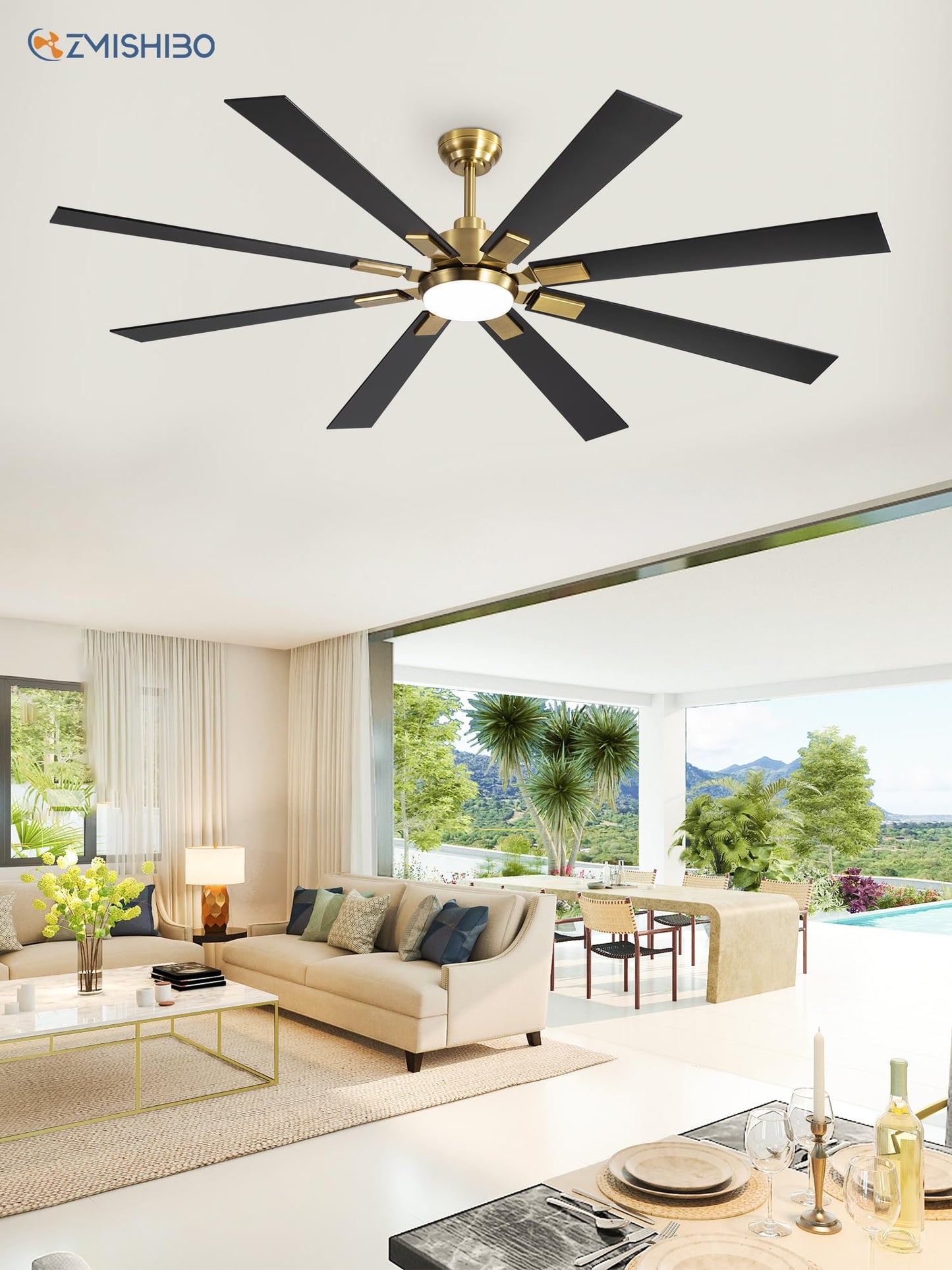 72 inch Large Ceiling Fans with Lights and Remote, Indoor/Outdoor Black Modern Ceiling Fan for Kitchen Living Room Patio, 6 Speed Reversible Quiet DC Motor, 3 CCT, Dual Finish 8 Blades