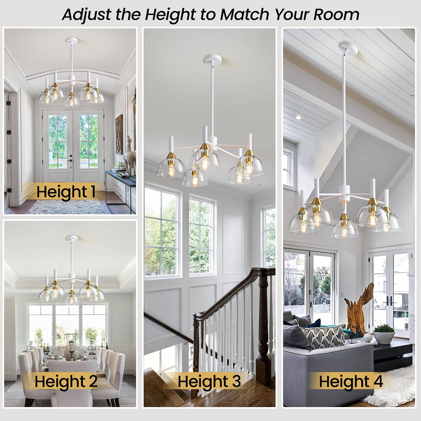 Dining Room Chandeliers Light - 5-Light White and Gold Modern Chandeliers Light Fixtures with Sturdy Clear Glass Lampshades, Height Adjustable Pendant Island Light for Living Room Farmhouse