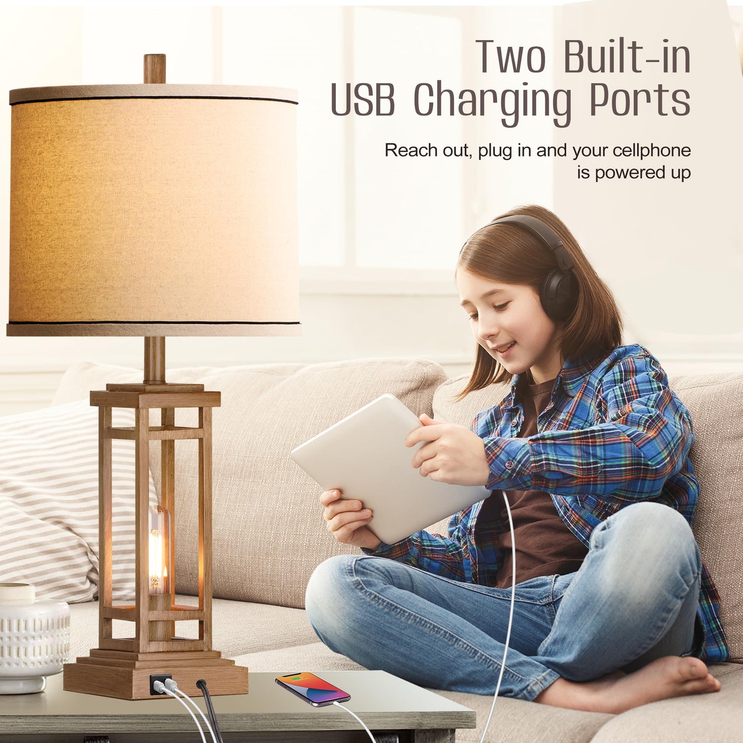 ROTTOGOON 27.5 Tall Farmhouse Table Lamps with USB C + USB A Charge Ports, Rustic Living Room Lamps Set of 2, Black Industrial End Table Lamp for Bedroom Living Room Nightstand (Oil-Rubbed Bronze)