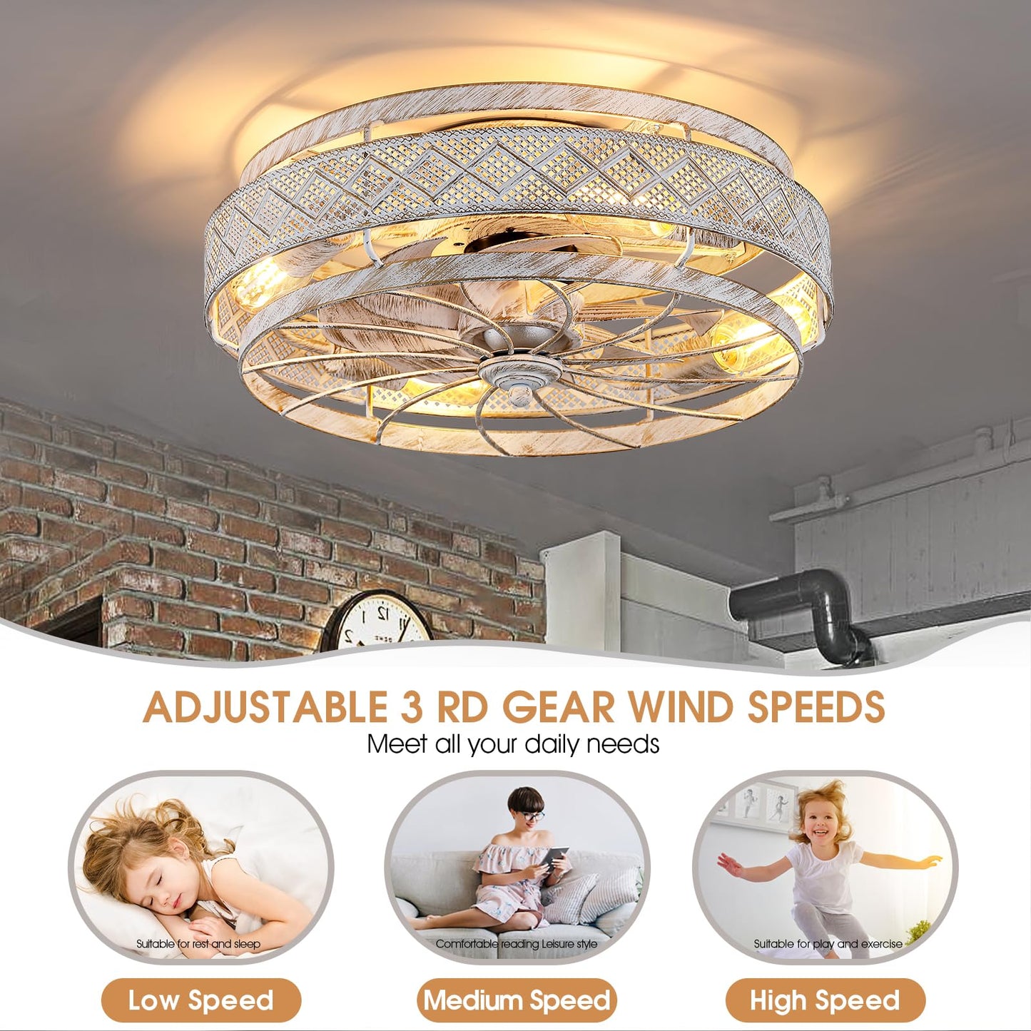 Low Profile Caged Ceiling Fans with Lights and Remote (Bulbs not Included)