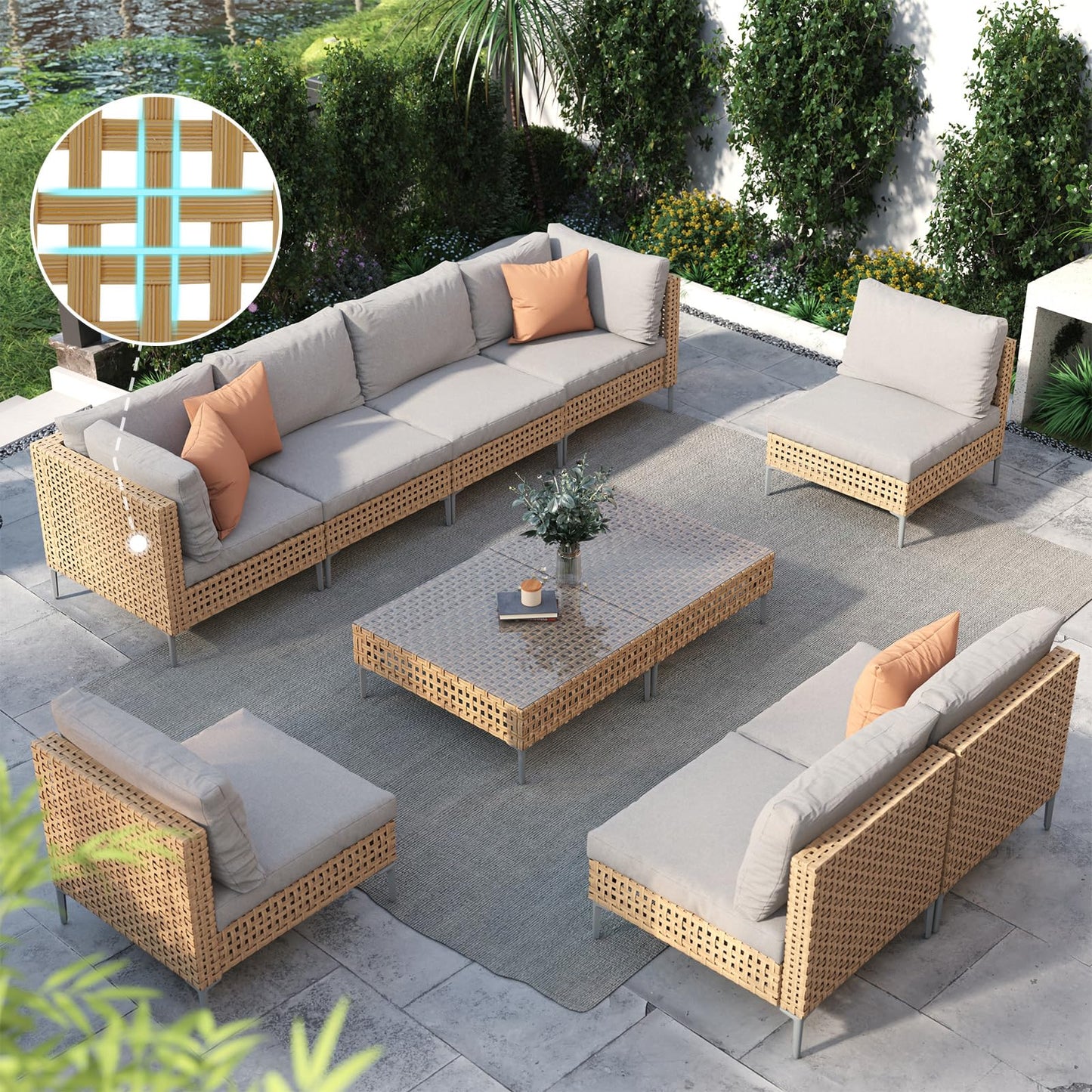 Grand patio 7-Piece Wicker Patio Furniture Set, Boho Outdoor Conversation Set Sectional Sofa with Water Resistant Thick Cushions and Coffee Table, Beige