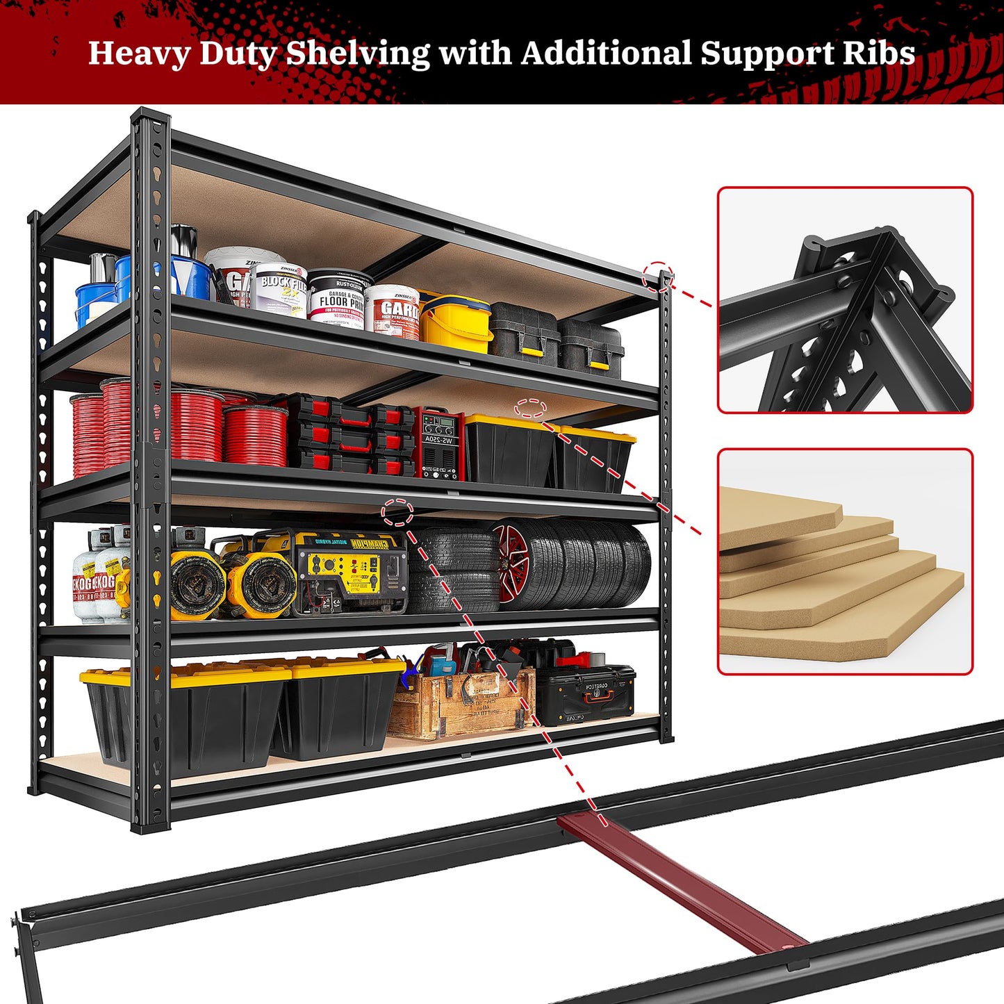 REIBII 2500LBS Garage Shelving 72''H Storage Shelves Heavy Duty Shelving 5 Tier Metal Shelves for Garage Shelves Adjustable Shelving Units and Storage for Closet Pantry Shelf, 72" H x 40" W x 20" D