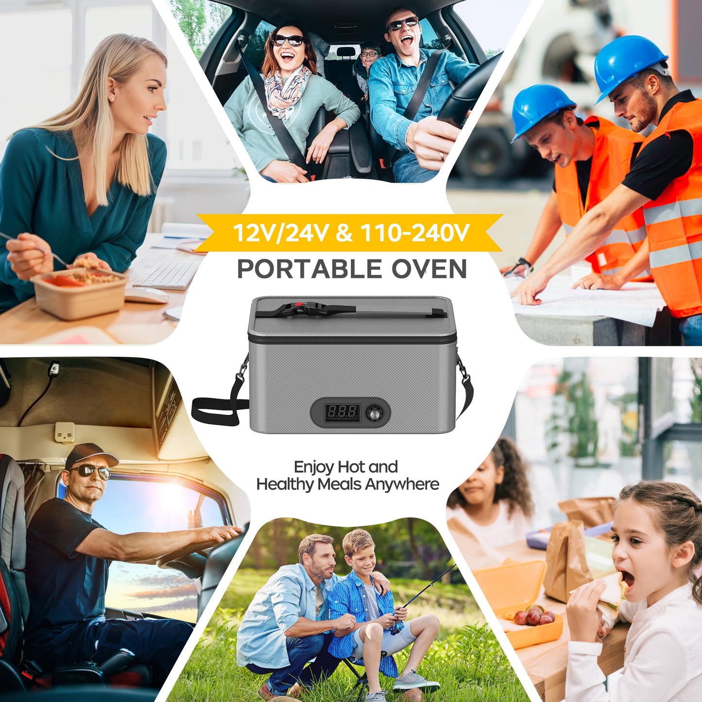 Portable Oven, 12V 24V 110V-240V Car Food Warmer Portable Personal Mini Oven Electric Heated Lunch Box for Meals Reheating & Raw Food Cooking for Road Trip/Camping/Picnic/Family Gathering(Black)