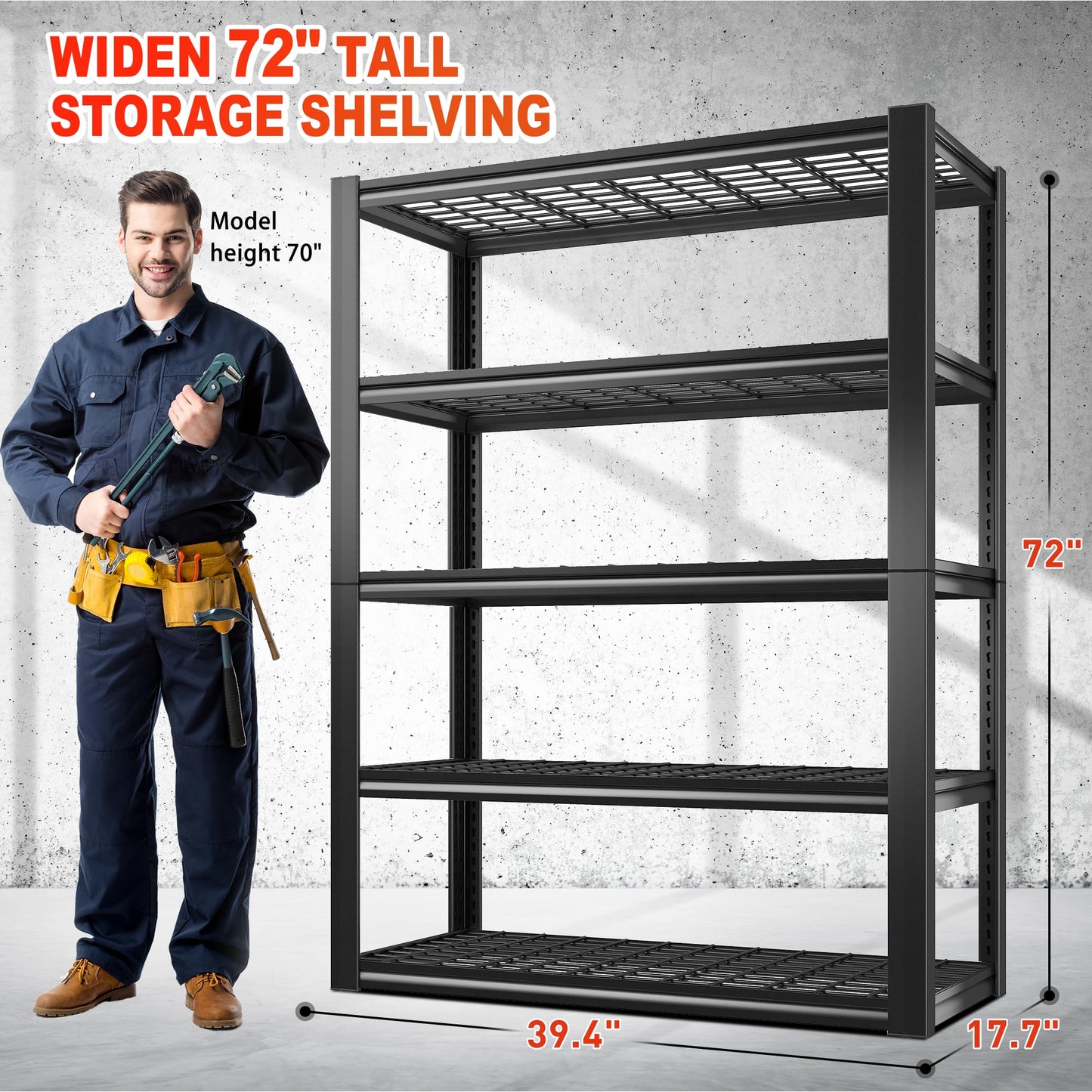 REIBII 48" W Garage Shelving 3000LBS Heavy Duty Storage Shelves, 5 Tier Adjustable Metal Shelves for Storage Rack Industrial Utility Shelf, Garage Storage Shelving Unit, 48" W x 24" D x 72" H