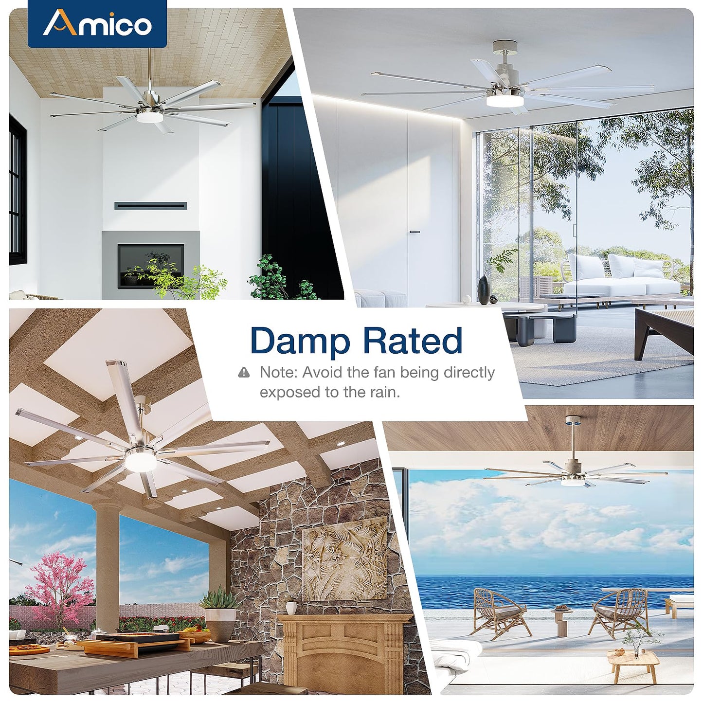 Amico 100 Inch Ceiling Fan with Light, Industrial Large Ceiling Fan with 8 Aluminum Reversible Blades, 6-Speed Remote Control, Quiet DC Motor, Indoor/Outdoor Ceiling Fan for Porch/Garage/Shop, Nickel