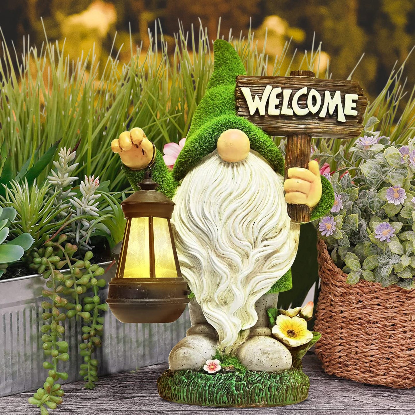 XXXFLOWER Solar Garden Statue,Creative Gnome Garden Statue Outdoor Lawn Decoration, Ornament Housewarming Garden Gift for Patio, Balcony, Yard, Lawn Ornament（Gnome with Lamp）