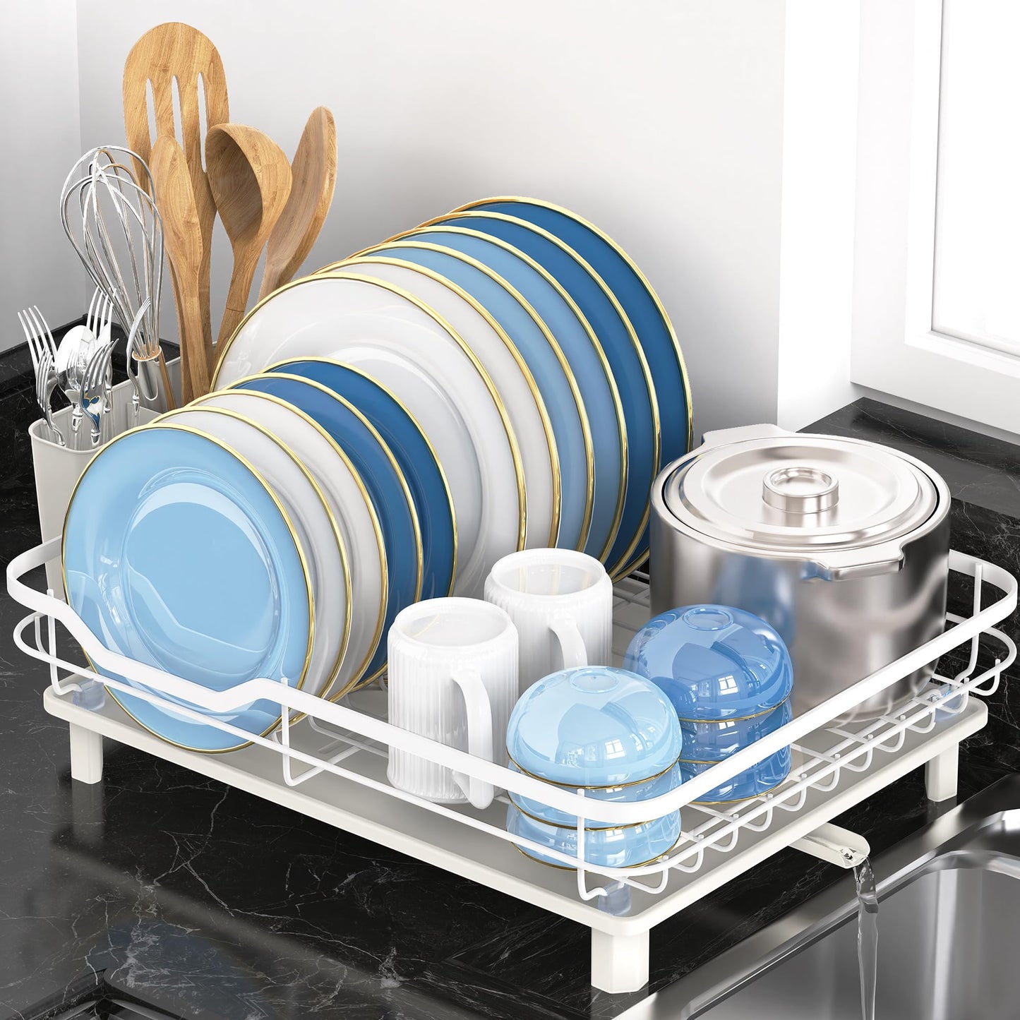 ROTTOGOON Dish Drying Rack, Stainless Steel Rustproof Dish Rack for Kitchen Counter, Sturdy Dish Drainer with Drainboard, Drainage, Utensil Holder for Various Kitchenware, 16.2"(L) x 12.6"(W), Black