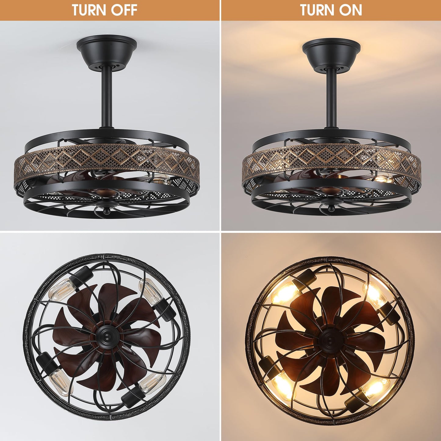 Low Profile Caged Ceiling Fans with Lights and Remote (Bulbs not Included)