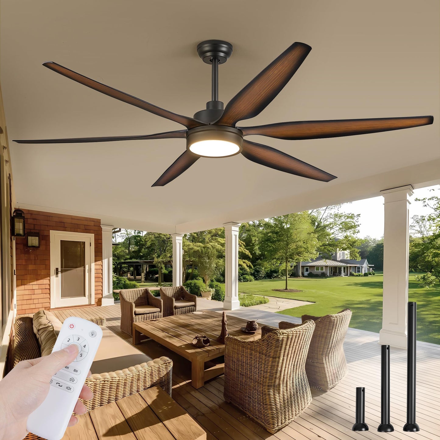 66 inch Large LED Ceiling Fans with Lights and Remote, Indoor/Outdoor Noiseless DC Motor Modern Black Ceiling Fan for Patio Living Room, 3 CCT, 6 Speed Reversible, 6 Blades