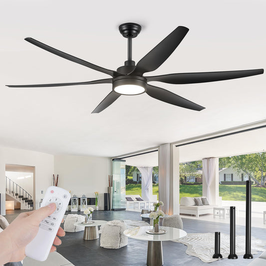 66 inch Large LED Ceiling Fans with Lights and Remote, Indoor/Outdoor Noiseless DC Motor Modern Black Ceiling Fan for Patio Living Room, 3 CCT, 6 Speed Reversible, 6 Blades