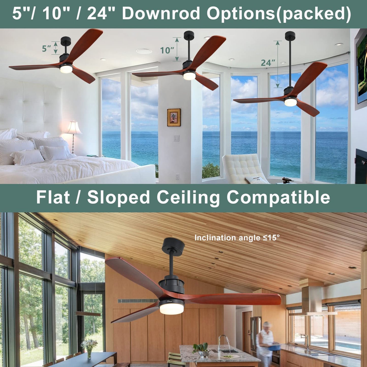 Sofucor 52" Ceiling Fan with Lights Remote Control, 3 Poles for Indoor Outdoor Ceiling Fan with Remote, Reversible Noiseless ETL Motor, 3 Walnut Wooden Blades