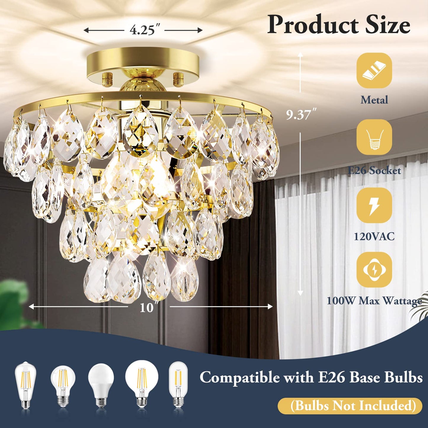 Modern Crystal Ceiling Light - Black Semi Flush Mount Small Chandelier with E26 Base Farmhouse Lighting Fixture for Bedroom Bathroom Closet Living Room Hallway Entryway Kitchen