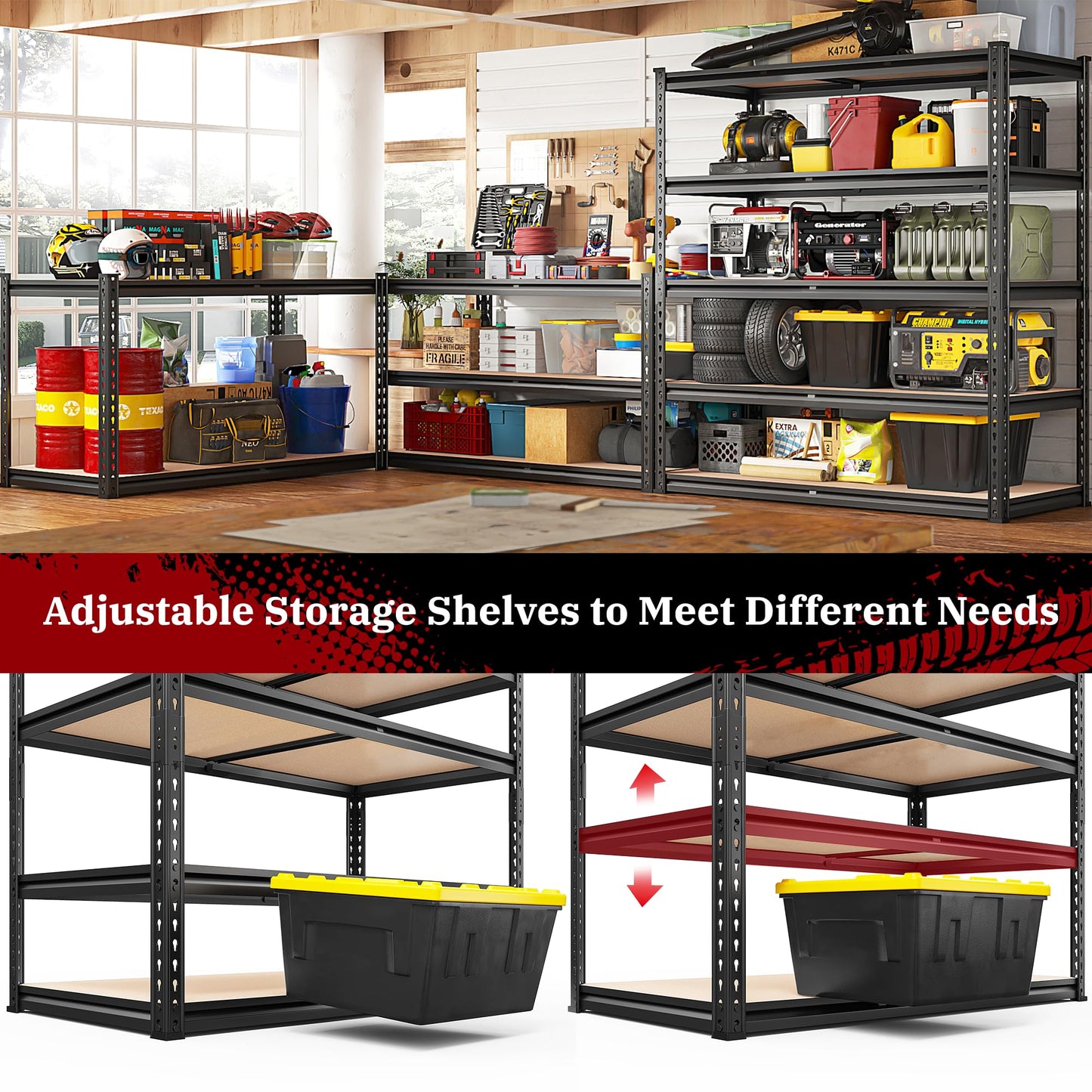 REIBII 2500LBS Garage Shelving 72''H Storage Shelves Heavy Duty Shelving 5 Tier Metal Shelves for Garage Shelves Adjustable Shelving Units and Storage for Closet Pantry Shelf, 72" H x 40" W x 20" D