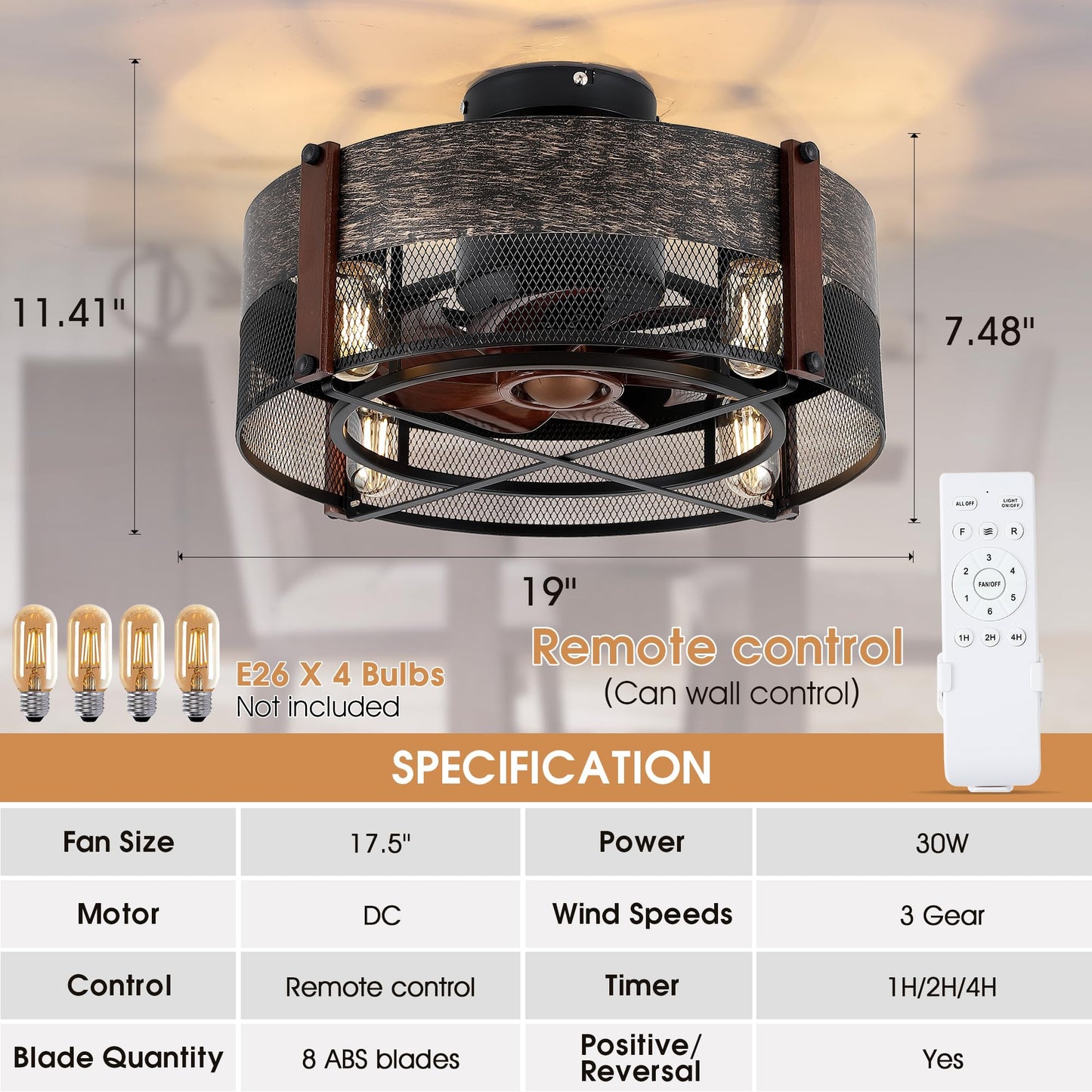 Low Profile Caged Ceiling Fans with Lights and Remote (Bulbs not Included)