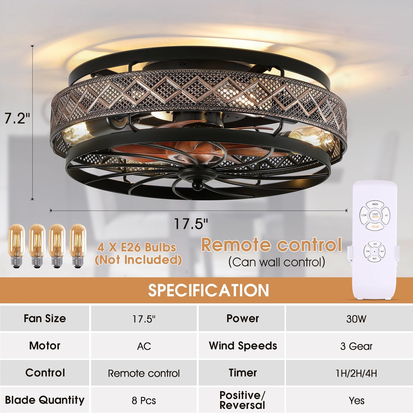 Low Profile Caged Ceiling Fans with Lights and Remote (Bulbs not Included)