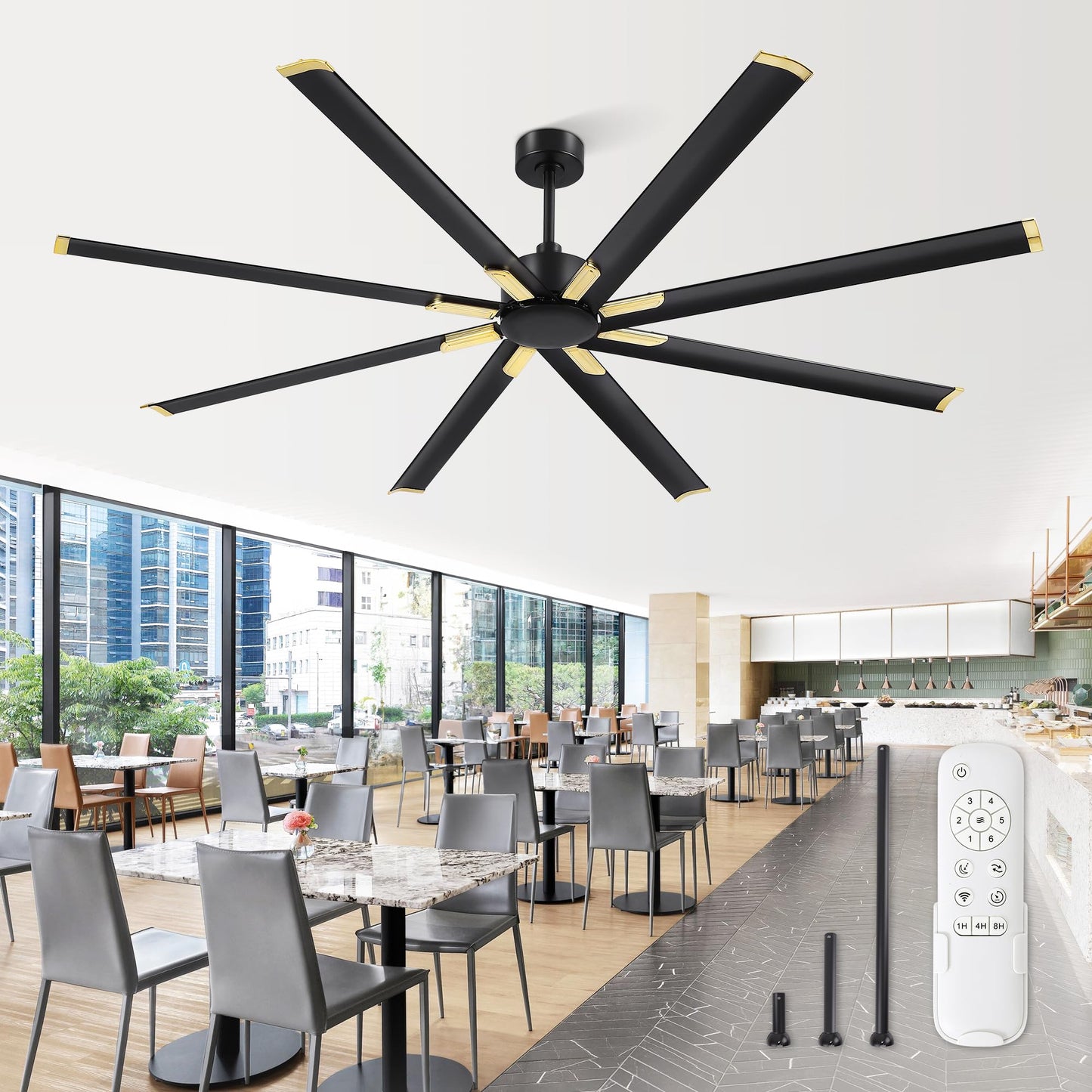 84 Inch Industrial DC Motor Ceiling Fan, Large Ceiling Fan with 8 Reversible Blades, 3 Downrods, 6-Speed Remote Control, Home or Commercial Ceiling Fans for Porch/Garage/Shop, Black