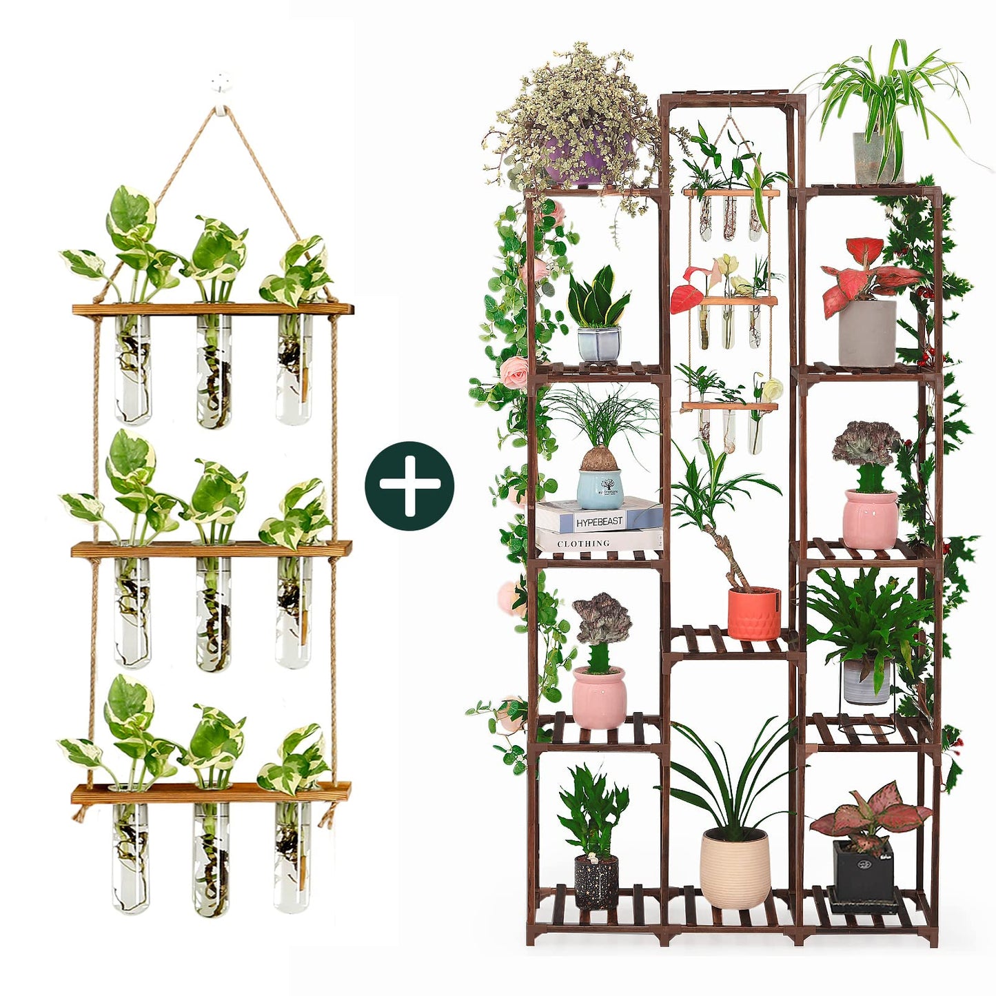 XXXFLOWER Wall Hanging Propagation Station with Wooden Stand Glass Test Tubes Plant Stand Indoor Outdoor 13 Tiers Wood Plant Shelf for Multiple Plants for Window Garden Balcony Patio Porch Living Roo