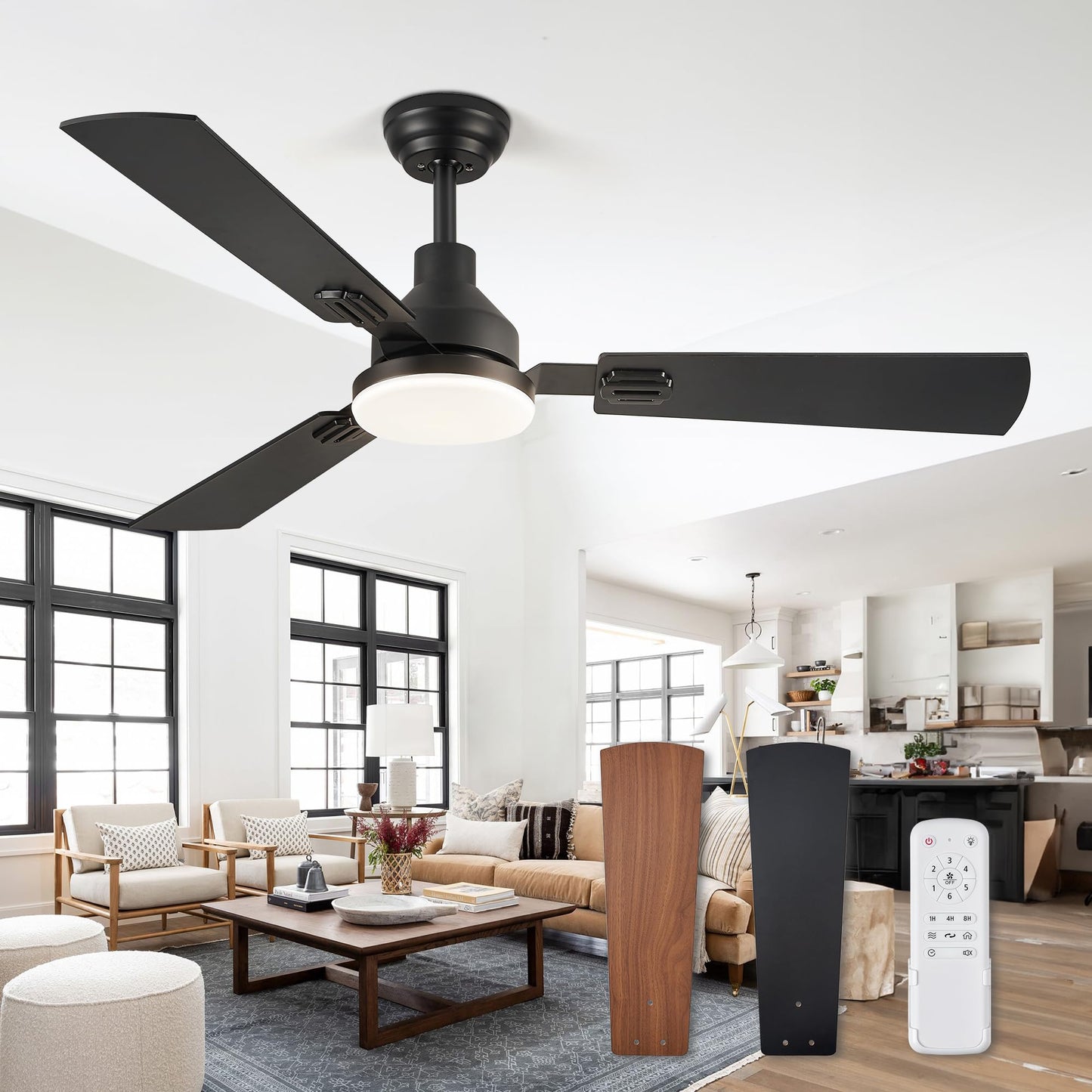 52 Inch Ceiling Fan with Light, 3 Blade LED Ceiling Fans with Remote, Quiet Reversible DC Motor, Dual Finish Blades, Farmhouse Ceiling Fans for Indoor&Outdoor, Bedroom, Kitchen