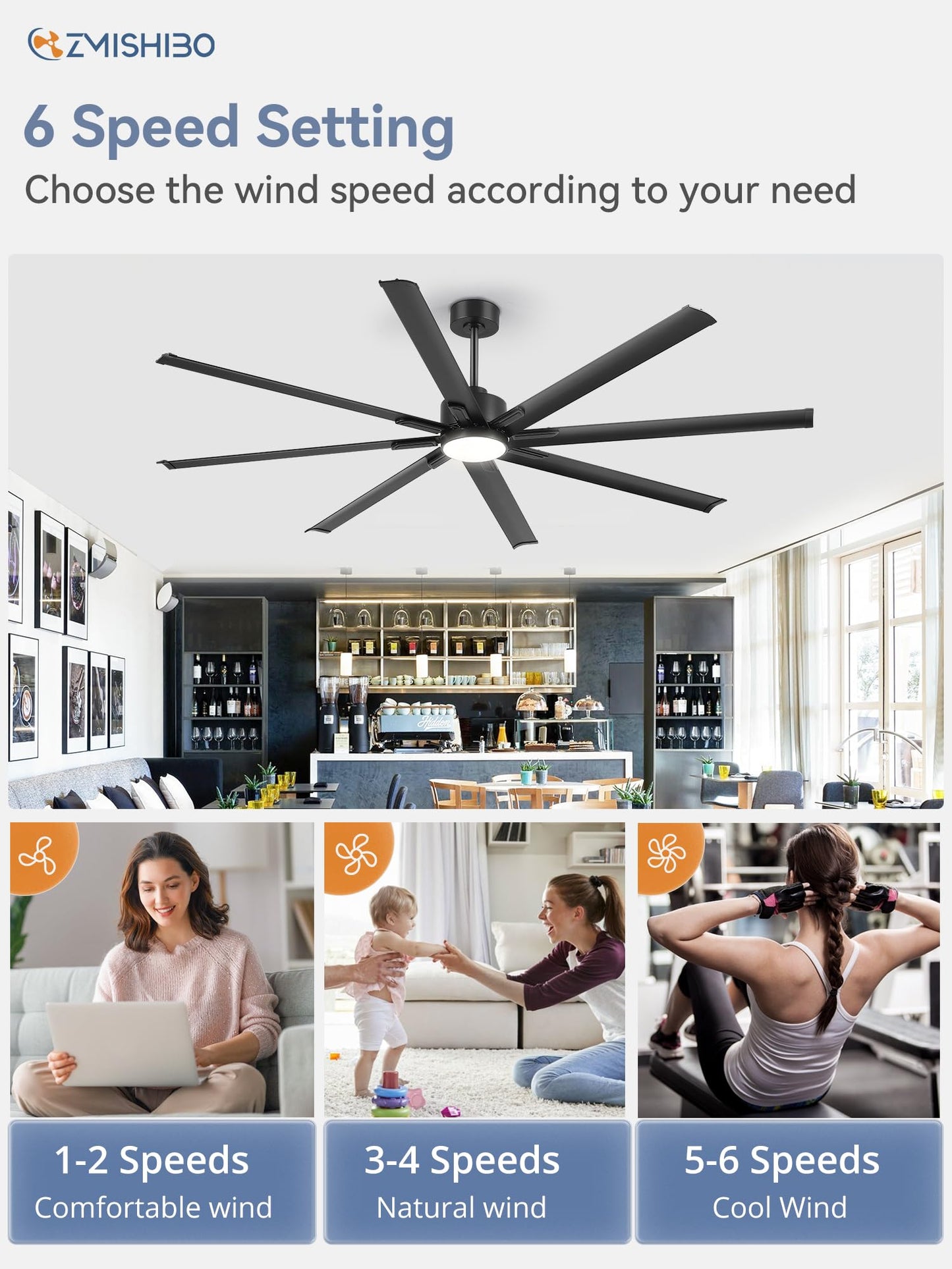 84" Industrial Ceiling Fans with Lights, Large Ceiling Fan with 3CCT, 8 Reverisble Aluminum Blades, Quiet DC Motor, 6-Speed Remote, Indoor/Outdoor Ceiling Fans for Patios/Garage/Porch, Black