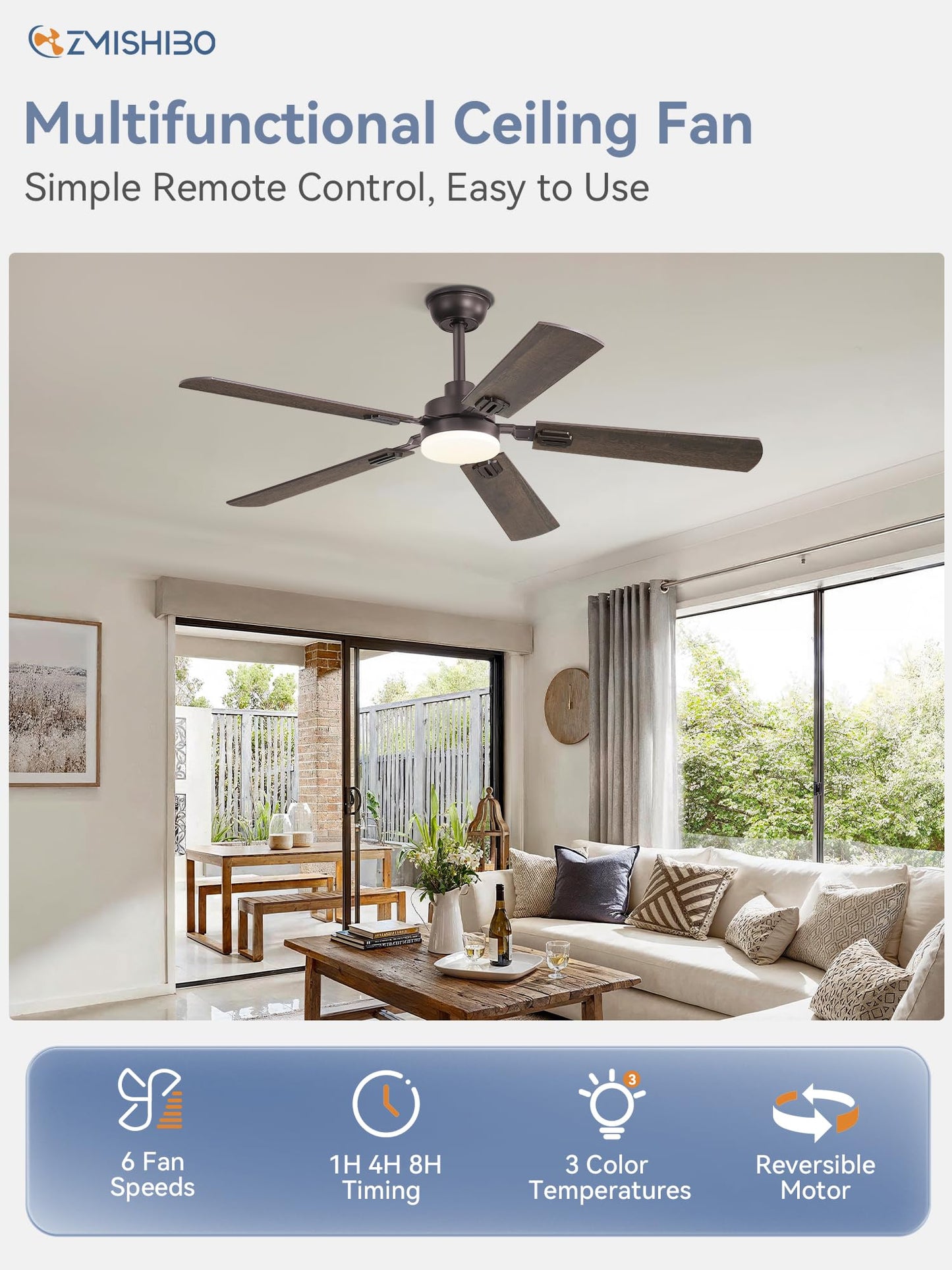 52" Ceiling Fans with Lights, Black Modern Ceiling Fan with Remote, Farmhouse Indoor Ceiling Fan with Dual Finish Blades, Quiet & Strong Motor, Bright LED Light.