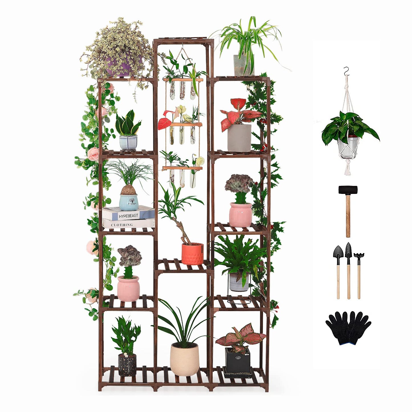 XXXFLOWER Wall Hanging Propagation Station with Wooden Stand Glass Test Tubes Plant Stand Indoor Outdoor 13 Tiers Wood Plant Shelf for Multiple Plants for Window Garden Balcony Patio Porch Living Roo