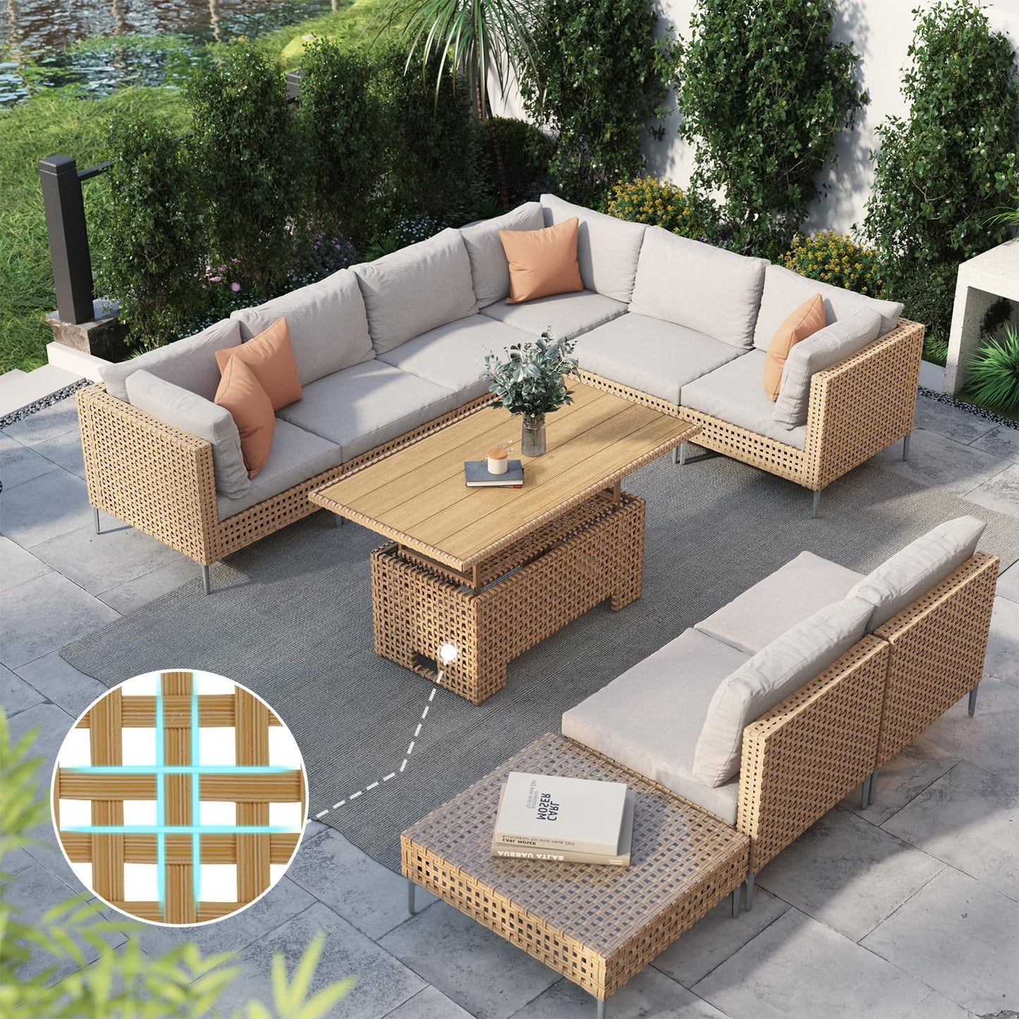 Grand patio 7-Piece Wicker Patio Furniture Set, Boho Outdoor Conversation Set Sectional Sofa with Water Resistant Thick Cushions and Coffee Table, Beige