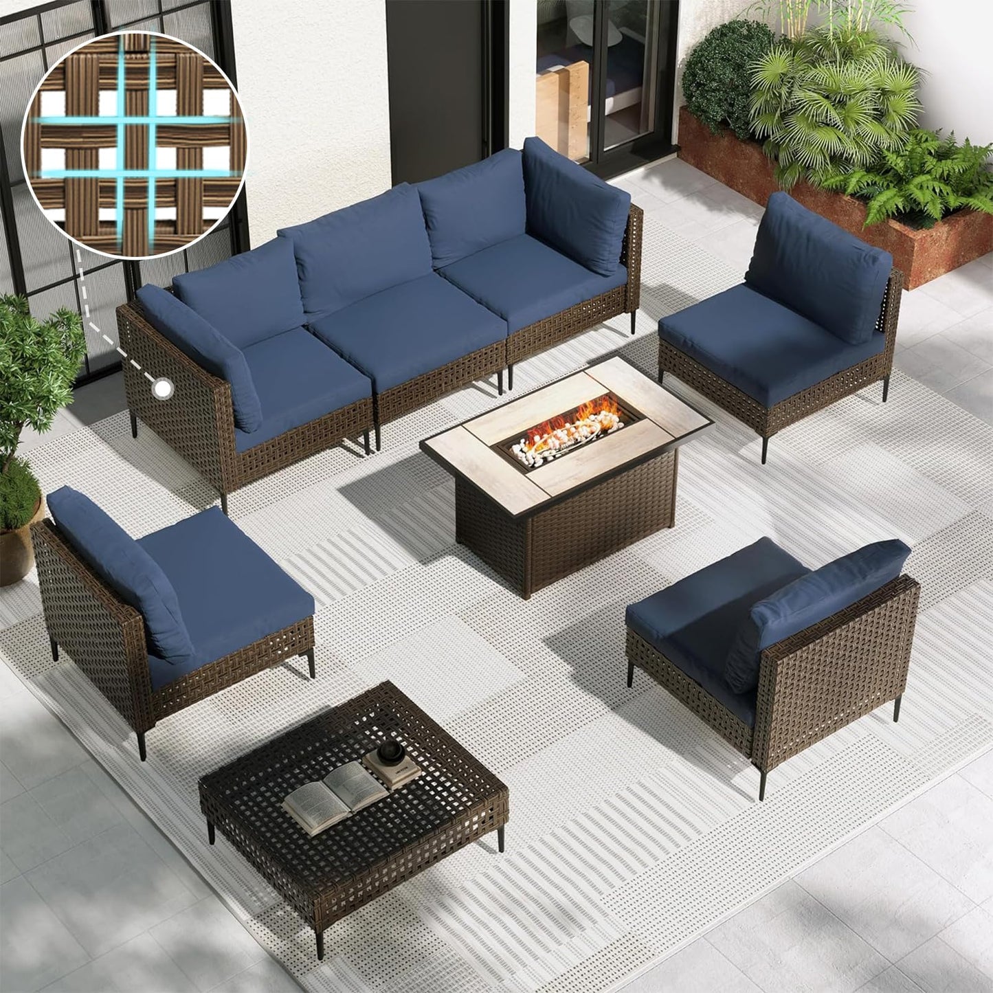 Grand patio 7-Piece Wicker Patio Furniture Set, Boho Outdoor Conversation Set Sectional Sofa with Water Resistant Thick Cushions and Coffee Table, Beige