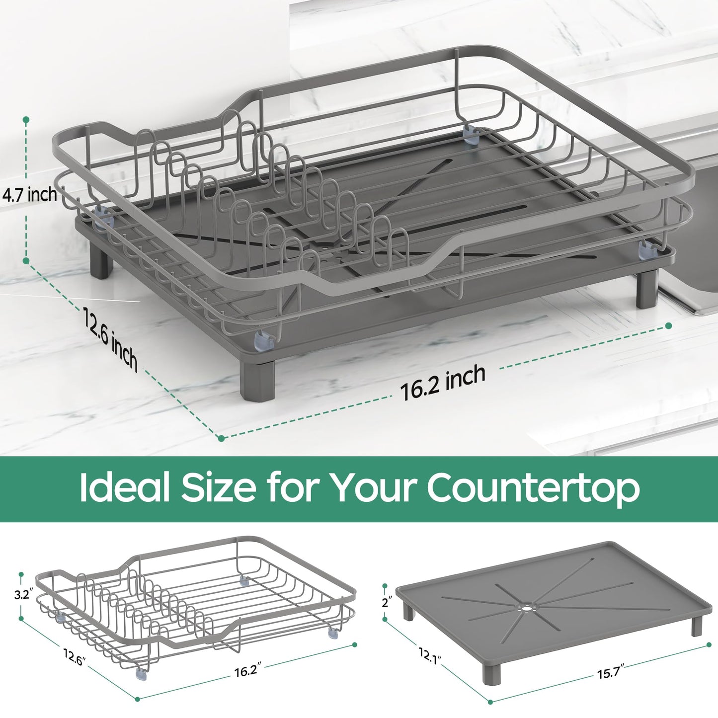 ROTTOGOON Dish Drying Rack, Stainless Steel Rustproof Dish Rack for Kitchen Counter, Sturdy Dish Drainer with Drainboard, Drainage, Utensil Holder for Various Kitchenware, 16.2"(L) x 12.6"(W), Black